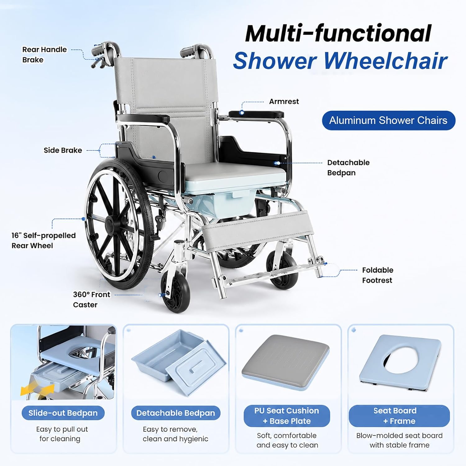 Shower Commode Wheelchair, 17in Width Seat Aluminum Alloy Bathroom Wheelchair for Inside Shower Bathroom Wheelchair Portable Self-Propelled Wheel Chairs for Adults Seniors