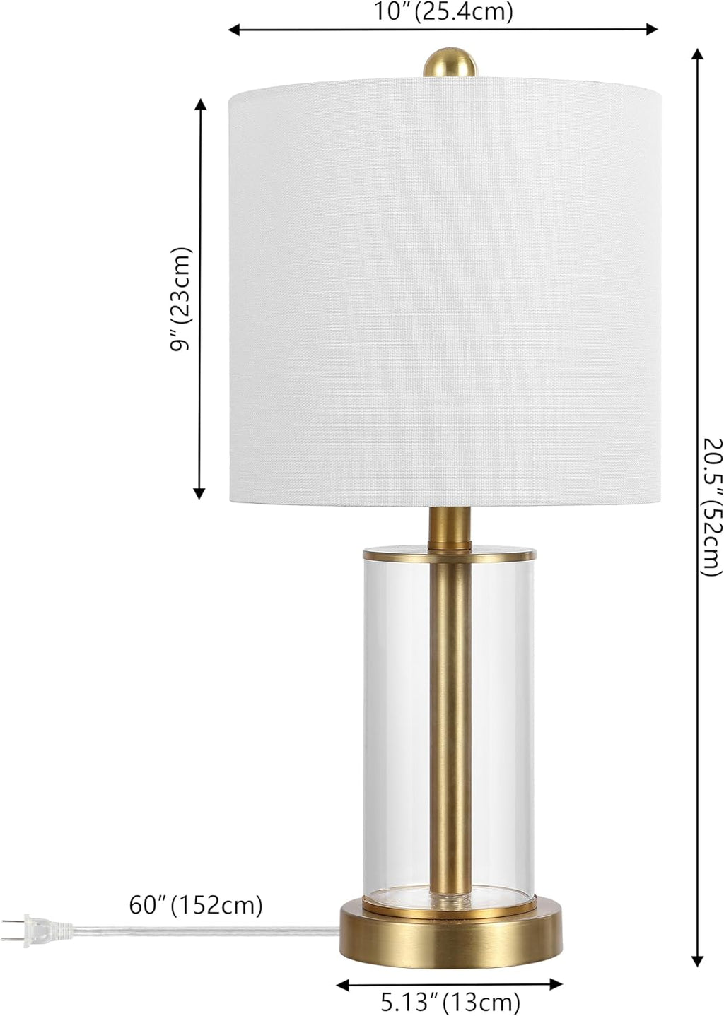 JONATHAN Y 20.5' Brass Gold Fillable Glass Table Lamp Set of 2, Modern Nightstand Lamps for Living Room Bedroom Office, White Linen Shade, LED Bulbs Included (JYL8508B-SET2)