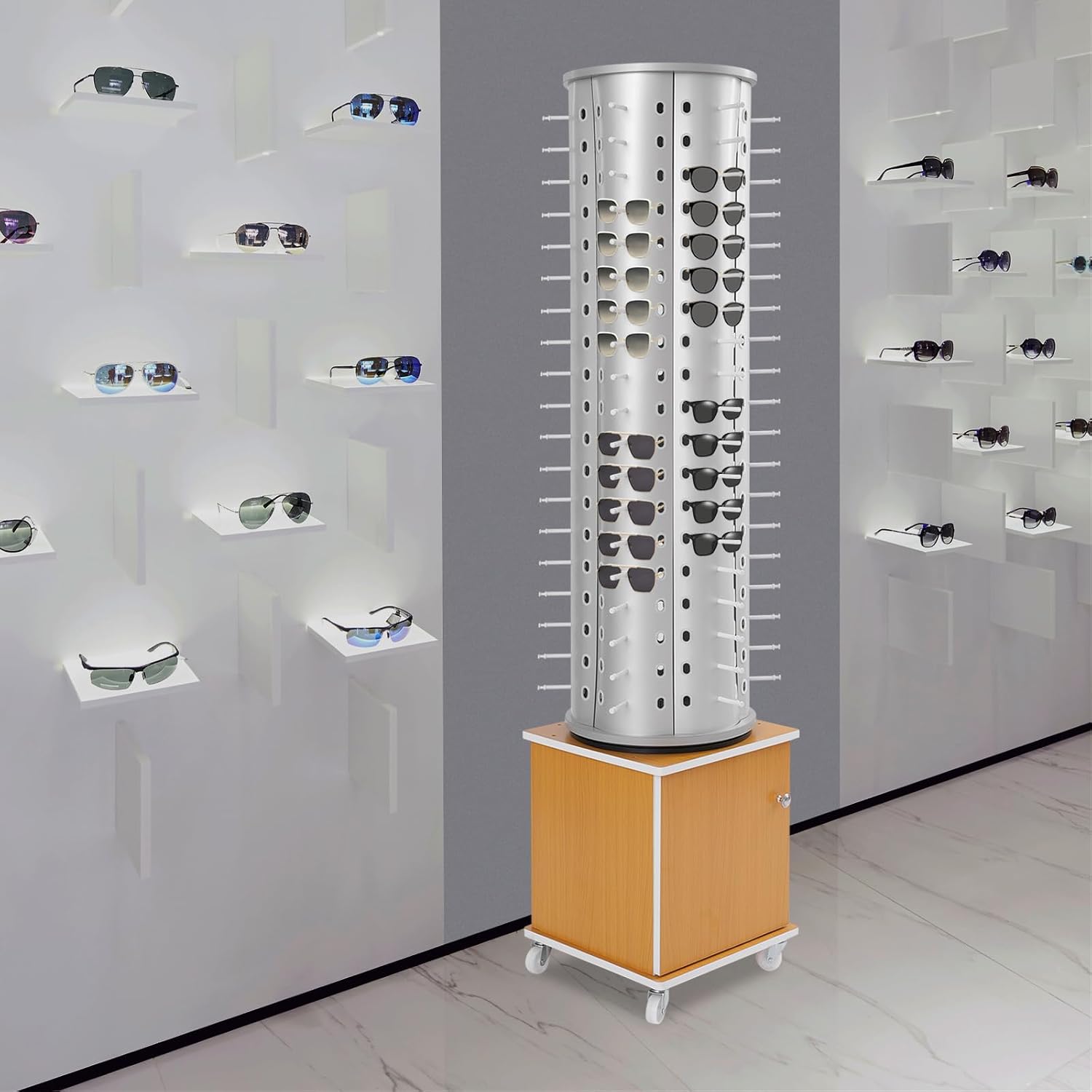 Glasses Display Stand, 114-Pair Eyewear Storage Rack for Sunglasses & Reading Glasses, 360°Swivel Commercial Eyeglass Organizer for Optical Shop, Jewelry Store, Retail Display (Silver+Yellow)