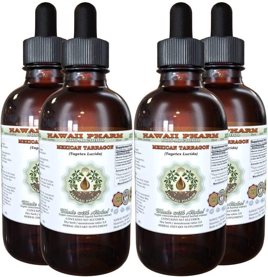 Hawaii Pharm Mexican Tarragon Alcohol-Free Liquid Extract, Professional Grade, Small Batch Mexican Tarragon (Tagetes Lucida) Dried Steam and Flower Glycerite, 4x4 oz