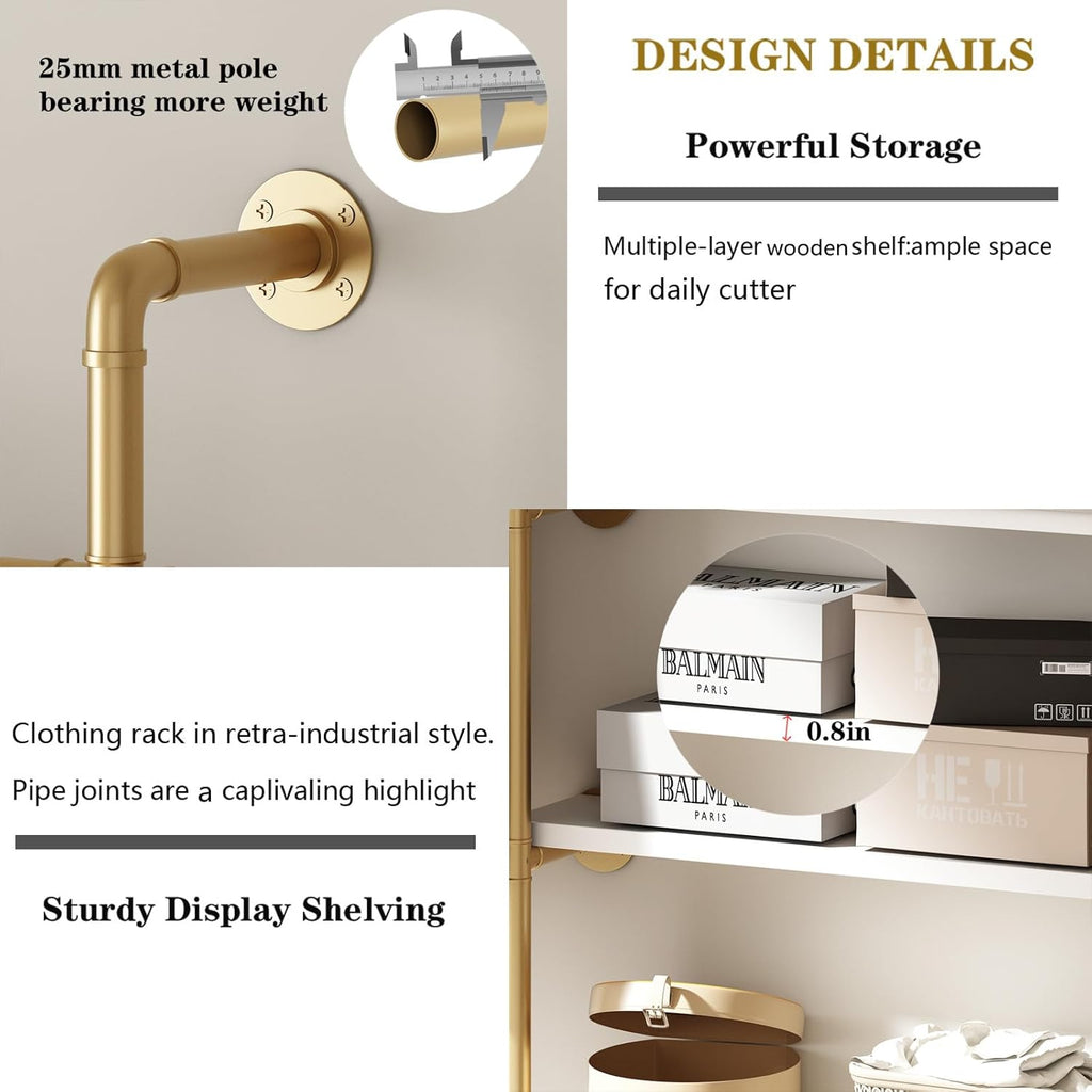 Industrial Pipe Clothing Rack, Gold Clothing Rack with Shelves, Wall Mounted Clothes Rack Heavy Duty Closet Organizers Wardrobe Multi-Purpose Storage Clothes Hanging Shelf - 70.8''L Gold