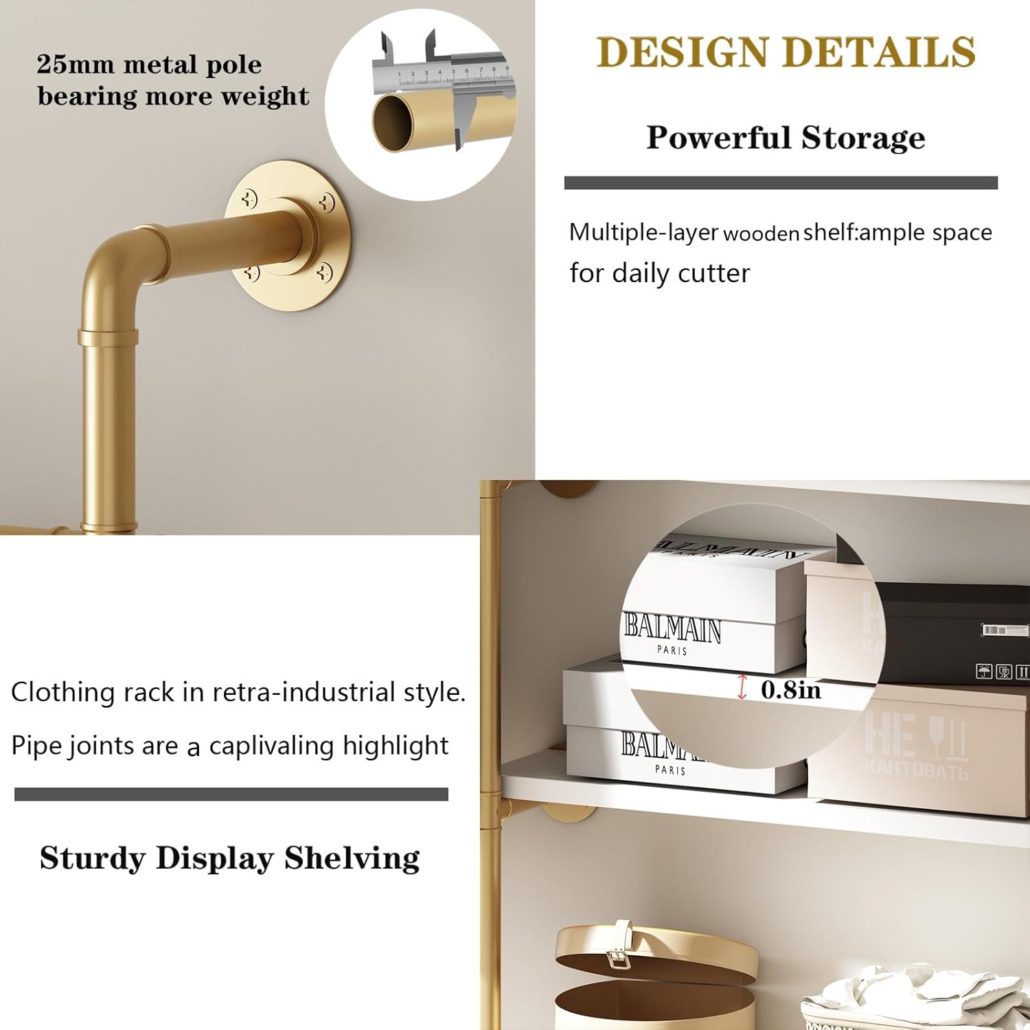 Industrial Pipe Clothing Rack, Gold Clothing Rack with Shelves, Wall Mounted Clothes Rack Heavy Duty Closet Organizers Wardrobe Multi-Purpose Storage Clothes Hanging Shelf - 70.8''L Gold