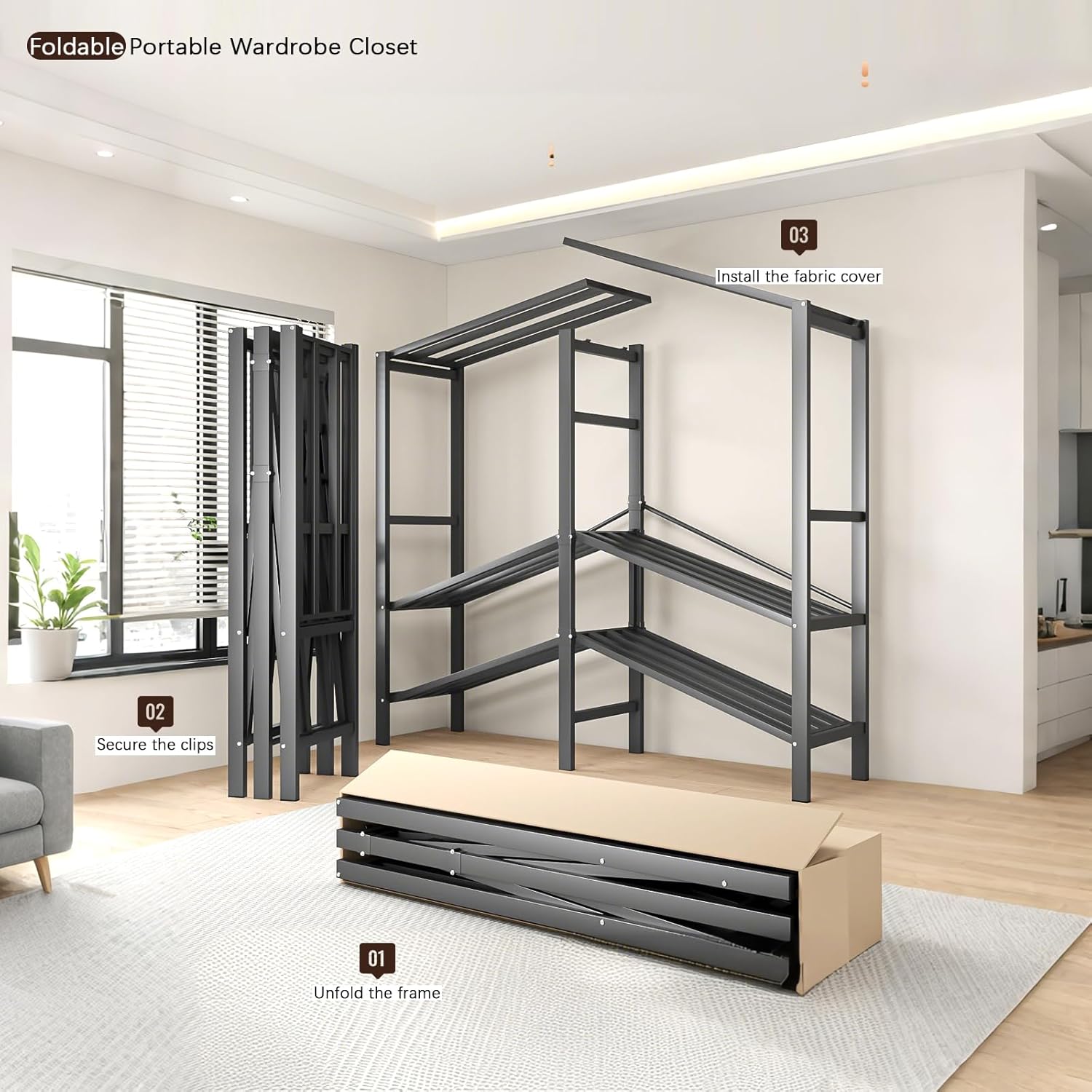 Garment Rack with Cover, Heavy Duty Portable Wardrobe Closet 2000LB, Foldable Clothe Rack with Wheel, Clothes Rack for Hanging, Amoires Clothing Coat Storage Rack (Coffee-Zipper, 75in)