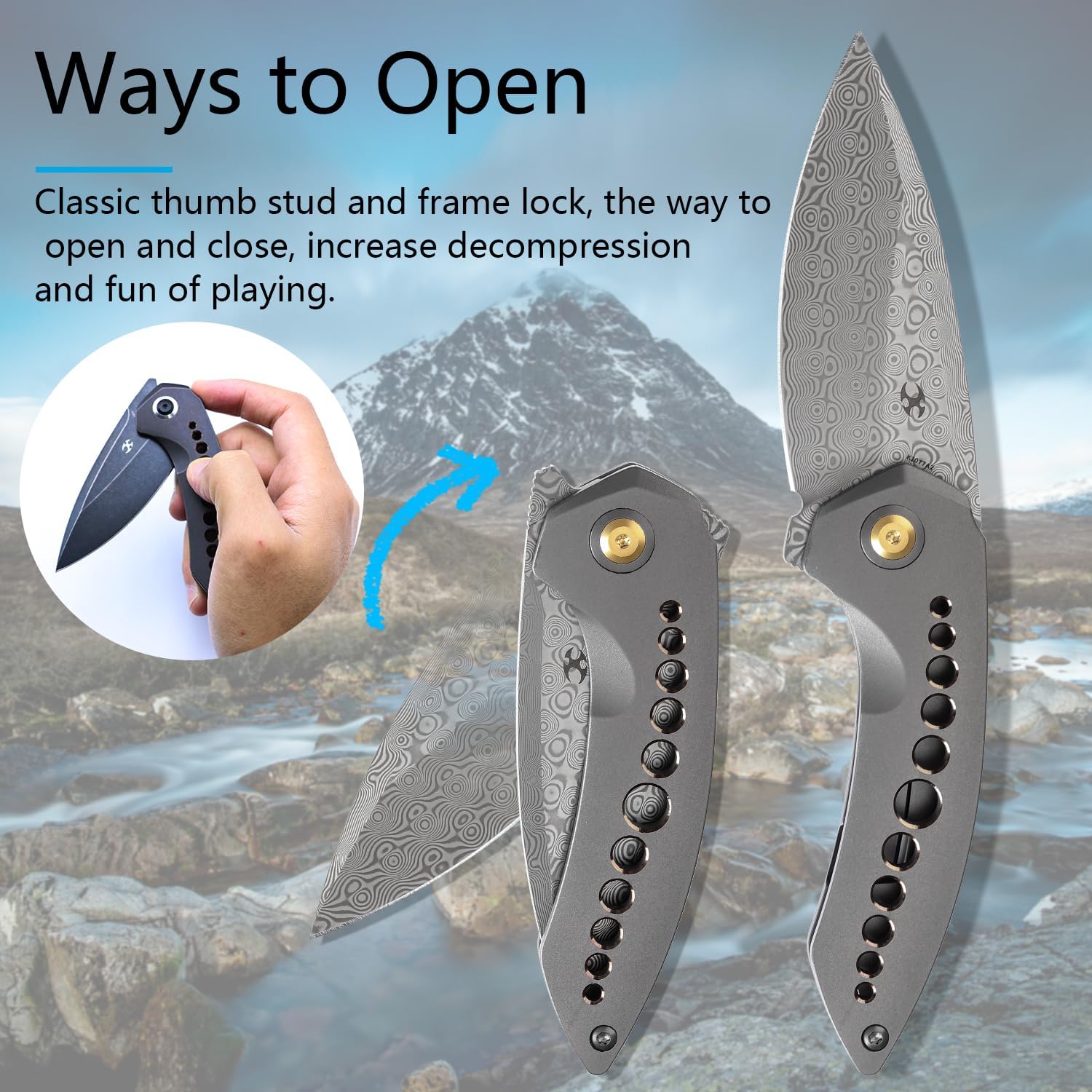 KANSEPT ODD 21 Pocket Folding Knives for Camping Hiking Folding Knife 3.06'' Damascus Blade EDC Knife with Grey Anodized Titanium with Bronze Holes Handle for Men and Women Everyday Carry K1077A2