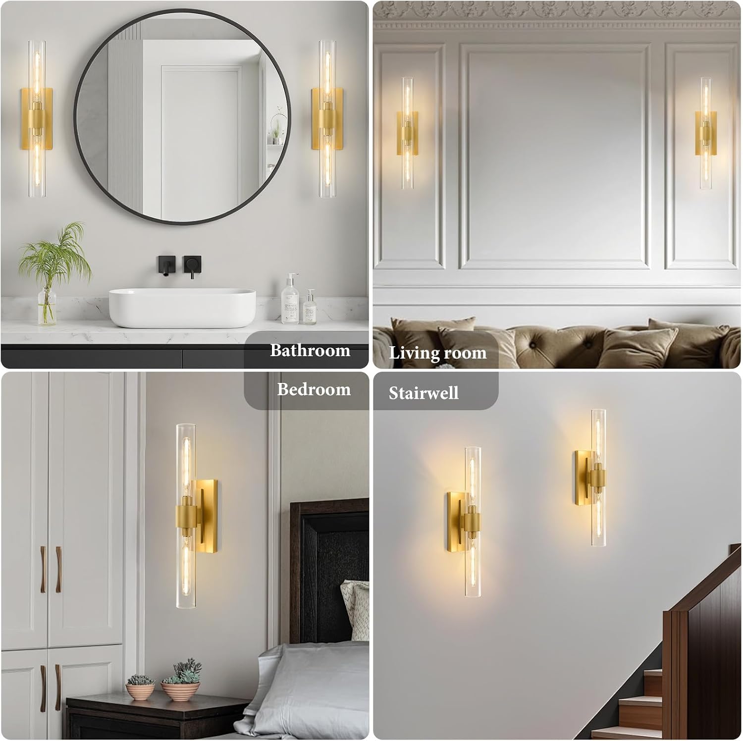 Gold Brass Bathroom Wall Sconce - Set of 2 Modern Long Linear Dimmable Sconces - Clear Glass Tube Vanity Light - Vertical or Horizontal Mounted Lighting Fixture for Indoor Bedroom Living Room Hallway