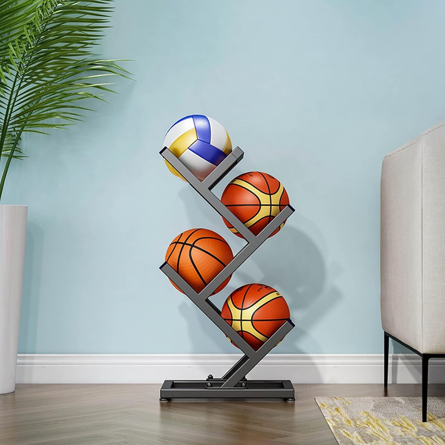 Sports Ball Storage Stand Sports Ball Storage Rack, Kids Toddlers Basketball Organizer for Garage Bedroom School, Black Vertical Football Volleyball Display Stand