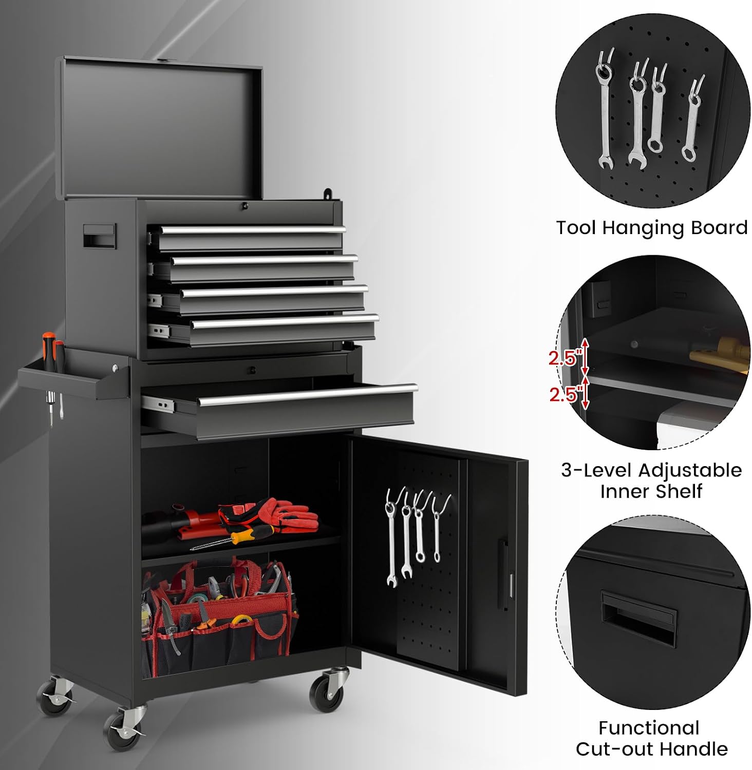 IRONMAX 5-Drawer Rolling Tool Chest, 2-in-1 Detachable Heavy Duty Tool Box Storage Cabinet with Auto Lock, Adjustable Shelf & Hooks, Metal Toolbox on Wheels for Garage Workshop (Black)