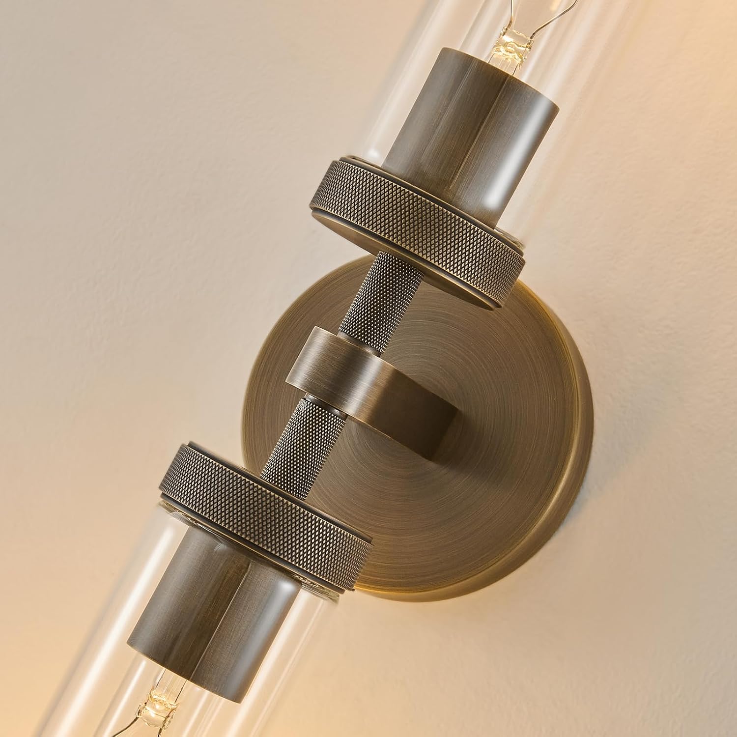 Knurled Brass Bathroom Wall Sconce - Set of 2 Luxury Brushed Antique Gold Sconces - Modern Linear Tube Vanity Lights Fixture with Clear Glass - Dimmable Indoor Lighting for Bedroom Living Room Decor