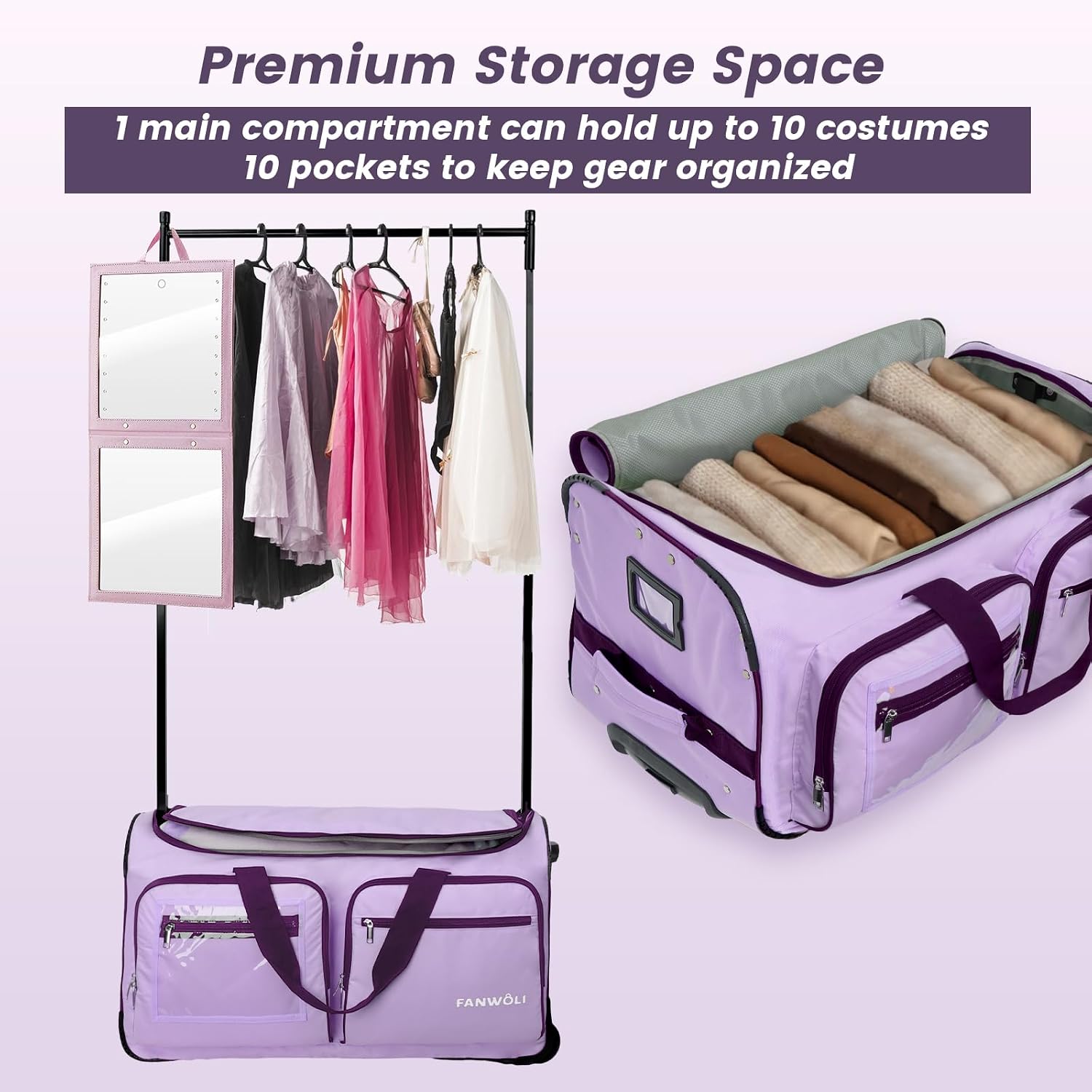 Fanwoli 23' Dance Bag with Garment Rack | Upgraded Stable System & Fabric | More Lightweight & Wear-Resistant | Ideal Competition Duffle Bag for Dancers Livestreamer Athletes