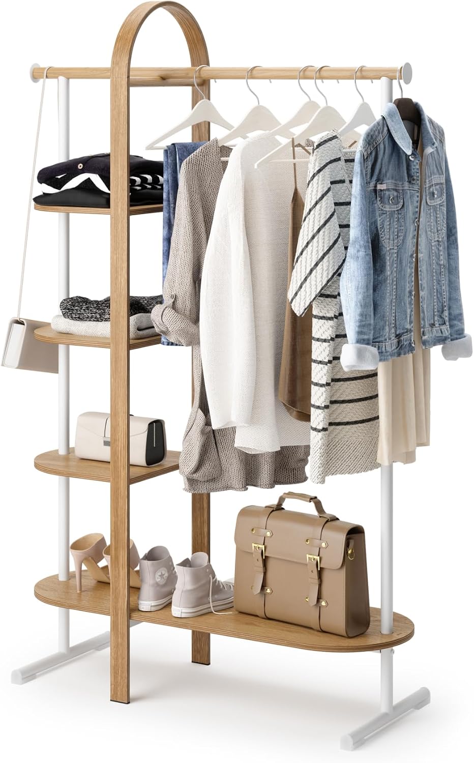 Umbra Bellwood Garment Rack Clothes Stand for Clothing, Coats, Dresses, with Shelf for Shoes and Accessories, White/Natural