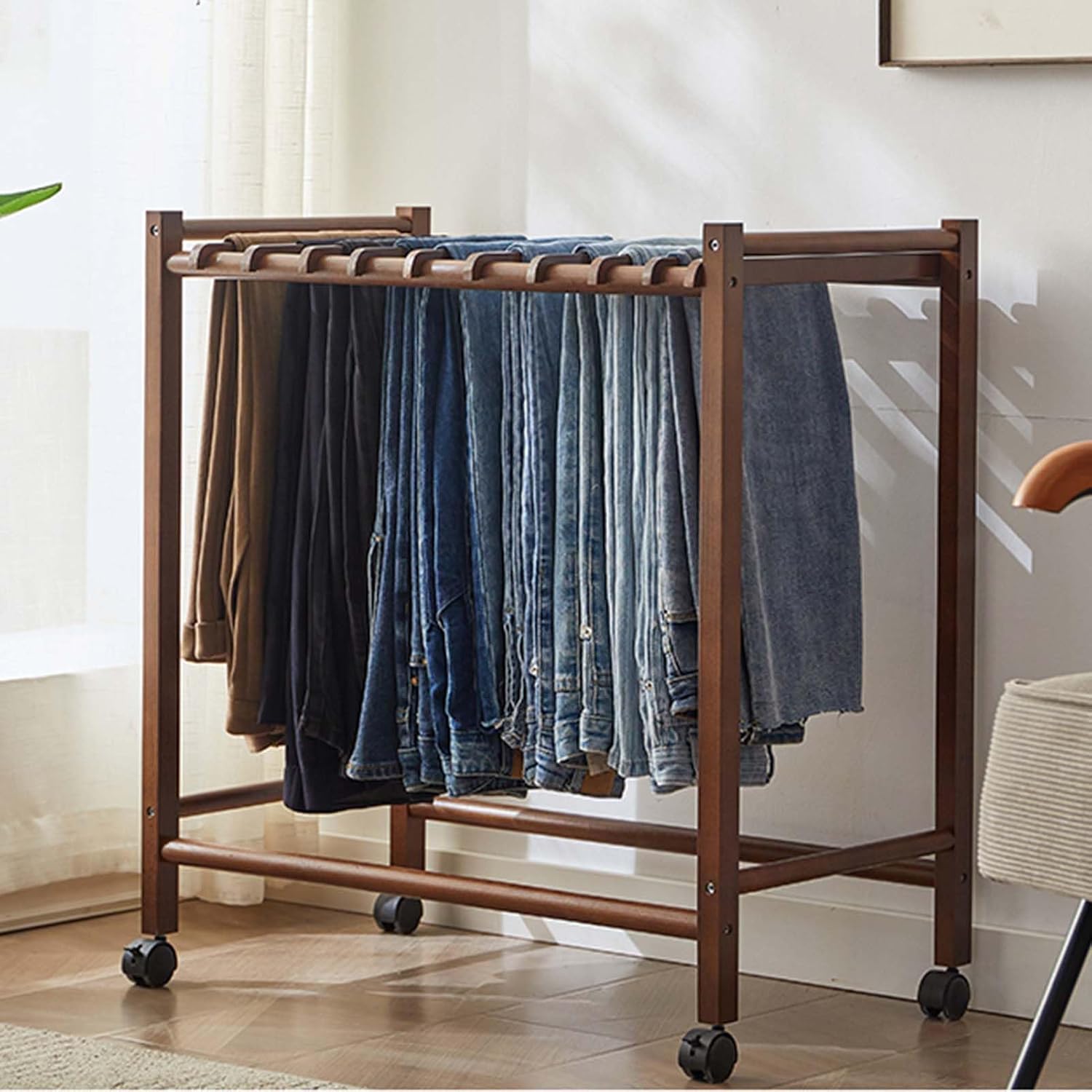 Solid Wood Rolling Trolley Pants Rack with Wheels - Freestanding Metal Garment Organizer for Bedroom, Laundry Room, Closet - Ideal for Trousers, Skirts, Scarves, and More