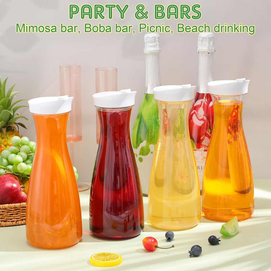 Reallnaive 30 Packs Plastic Carafe with Lids, 34 oz Clear Mimosa Juice Containers, Acrylic Beverage Carafe Pitcher Drink Containers for Fridge Outdoor Iced Tea Juice Party Mimosa Bar(Trendy)