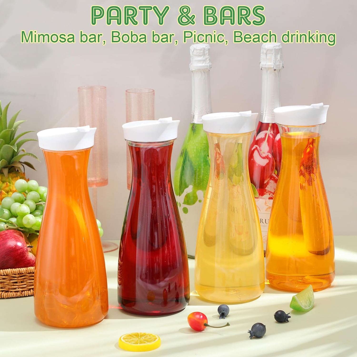 Reallnaive 30 Packs Plastic Carafe with Lids, 34 oz Clear Mimosa Juice Containers, Acrylic Beverage Carafe Pitcher Drink Containers for Fridge Outdoor Iced Tea Juice Party Mimosa Bar(Trendy)