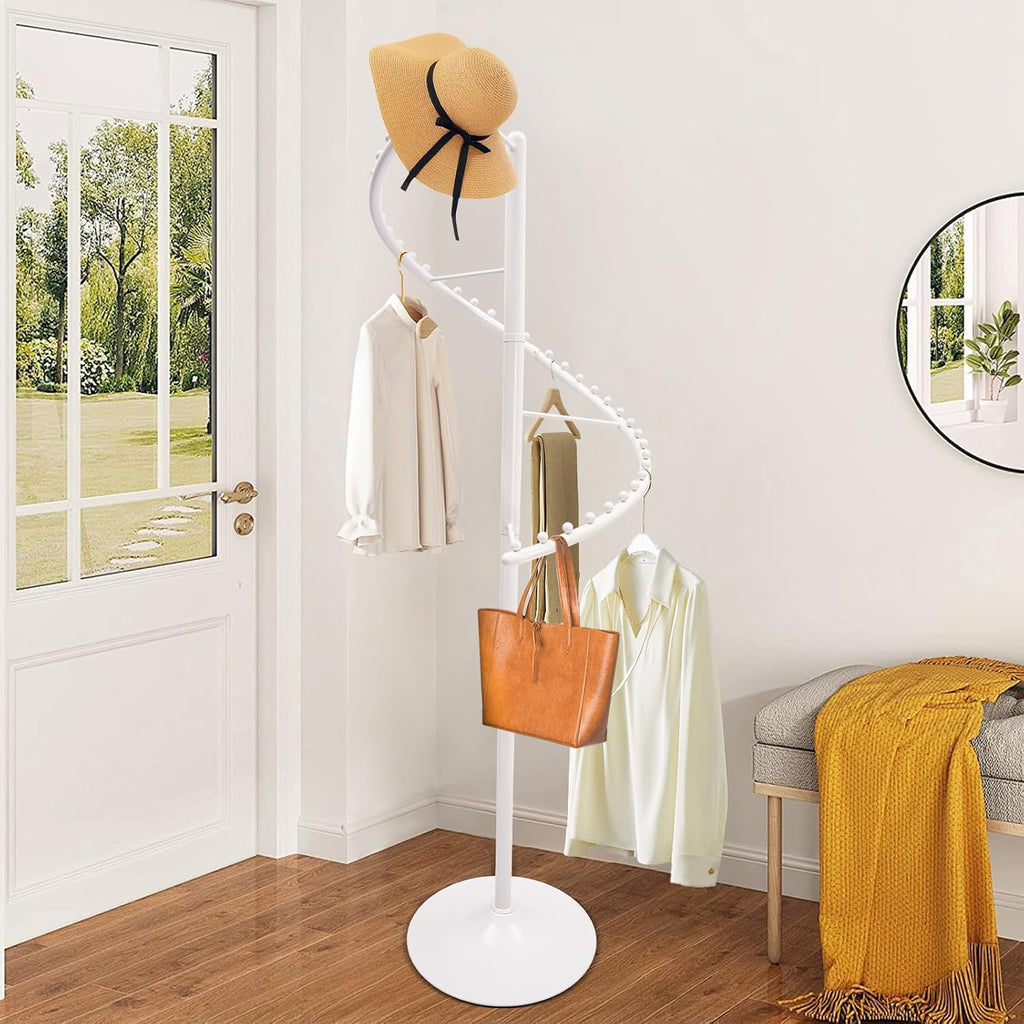 Floor Standing 360°Spiral Rotating Garment Rack, Heavy Duty Metal Clothing Display Rack With Divide Hooks, Stable Standing Retail Display Racks For Hanging Clothes, Hats, Bags