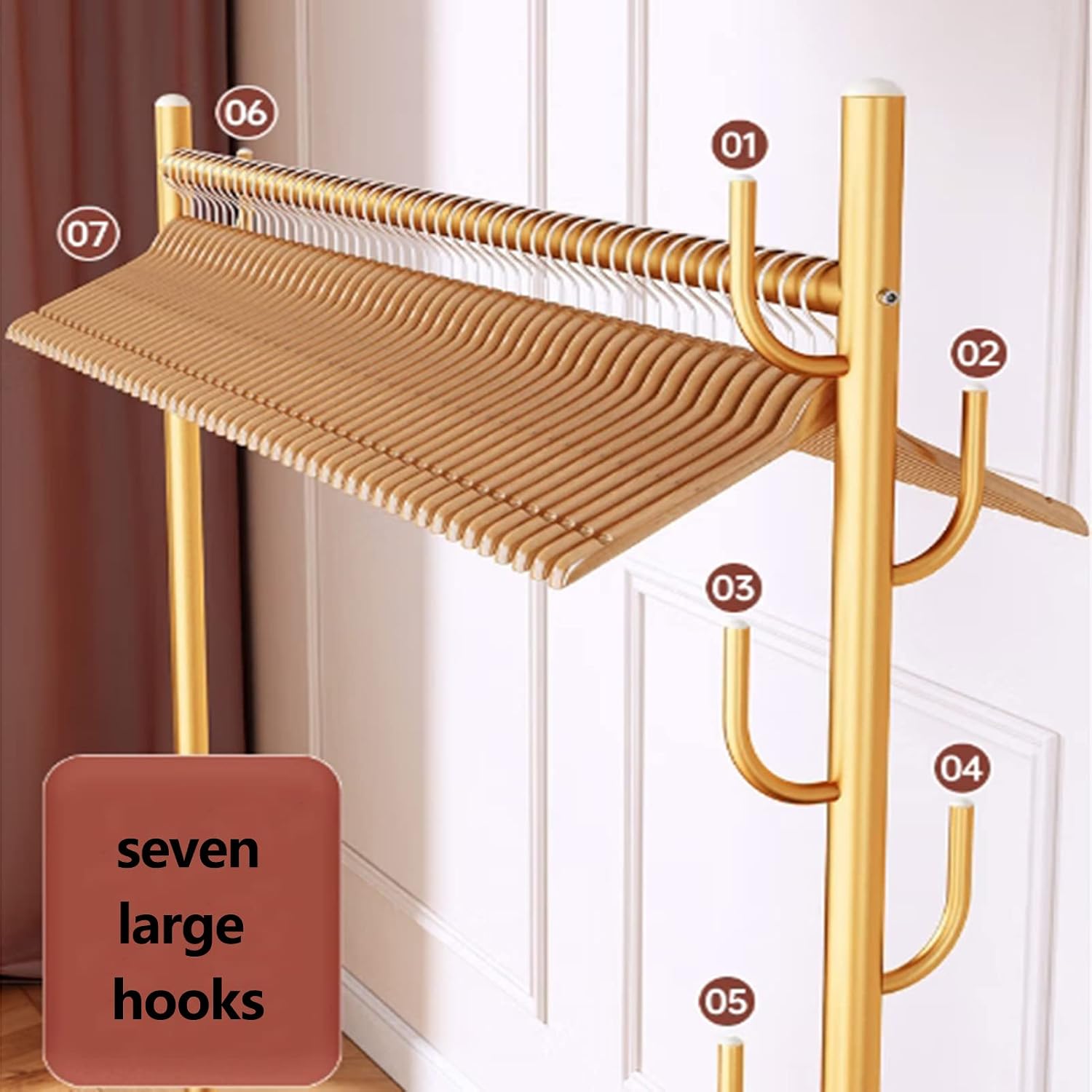 Clothes Rail Garment Rack Gold Drying Rack Rolling Garment Rack Wheels with 7 Hooks Organizer Storage Shelf for Bedroom, Living Room Balcony Entryway Stand Clothes Rod (60x37x165cm) ( 60x37x165cm)