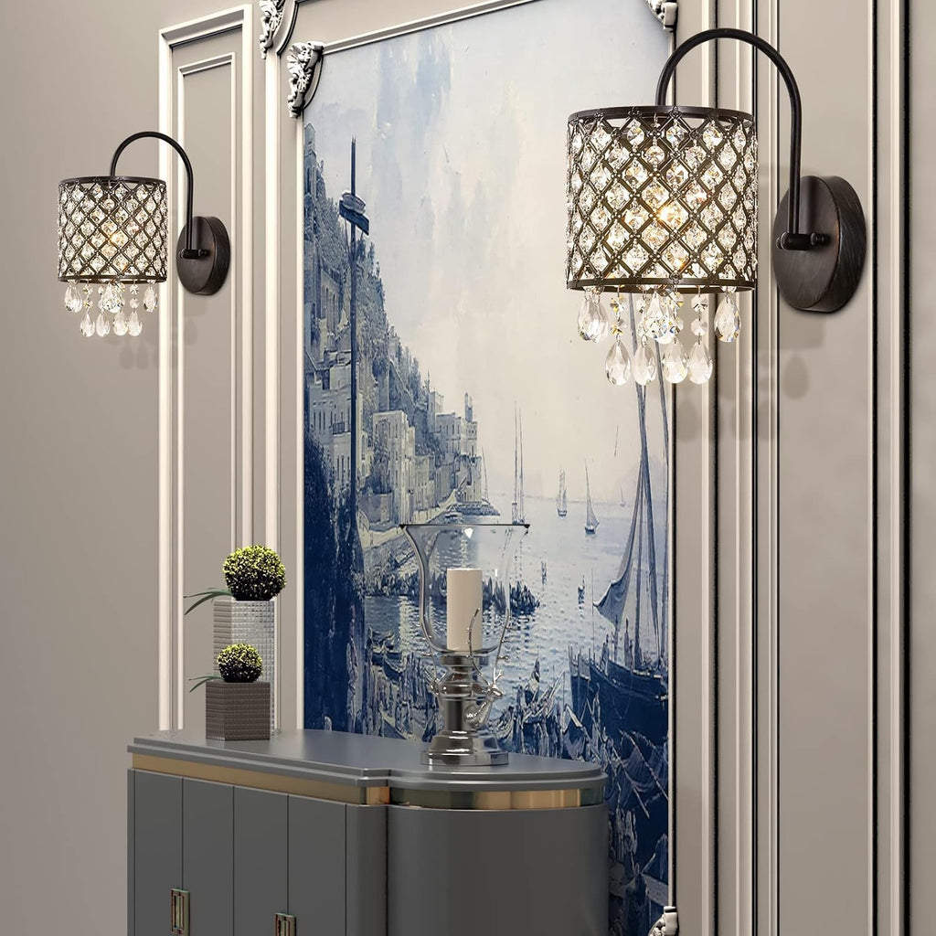 Maxax Crystal Wall Sconce, Modern Indoor Wall Lamp, Vanity Lighting Fixture with Lattice Drum Shade, ETL Listed, for Living Room, Bedroom, Hallway, Bathroom, Antique Black Finish, Set of 2