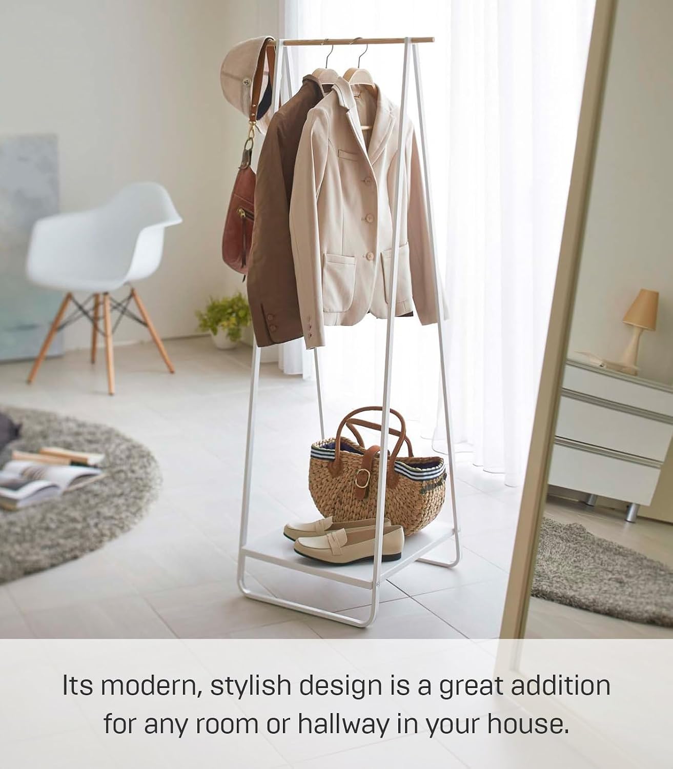 YAMAZAKI Home Freestanding Coat Hanger Clothes Rack with Shelf Steel One Size White
