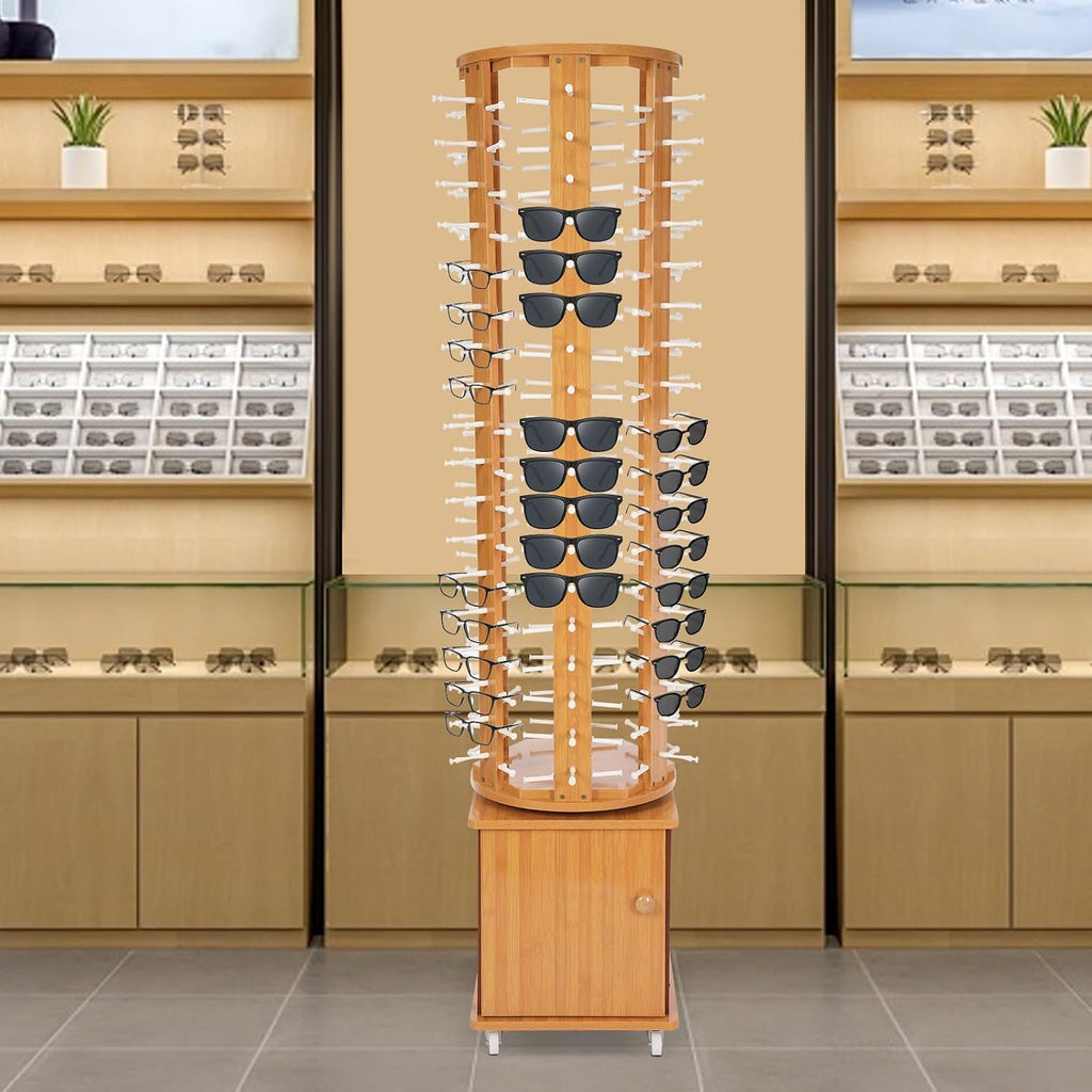 108 Pairs Glasses Sunglasses Display Stand, 360° Rotating Glasses Storage Display Rack with Cabinet, Floor Sunglasses Display Rack with Wheels, 66.14in Height with Wheels (Wood Color)