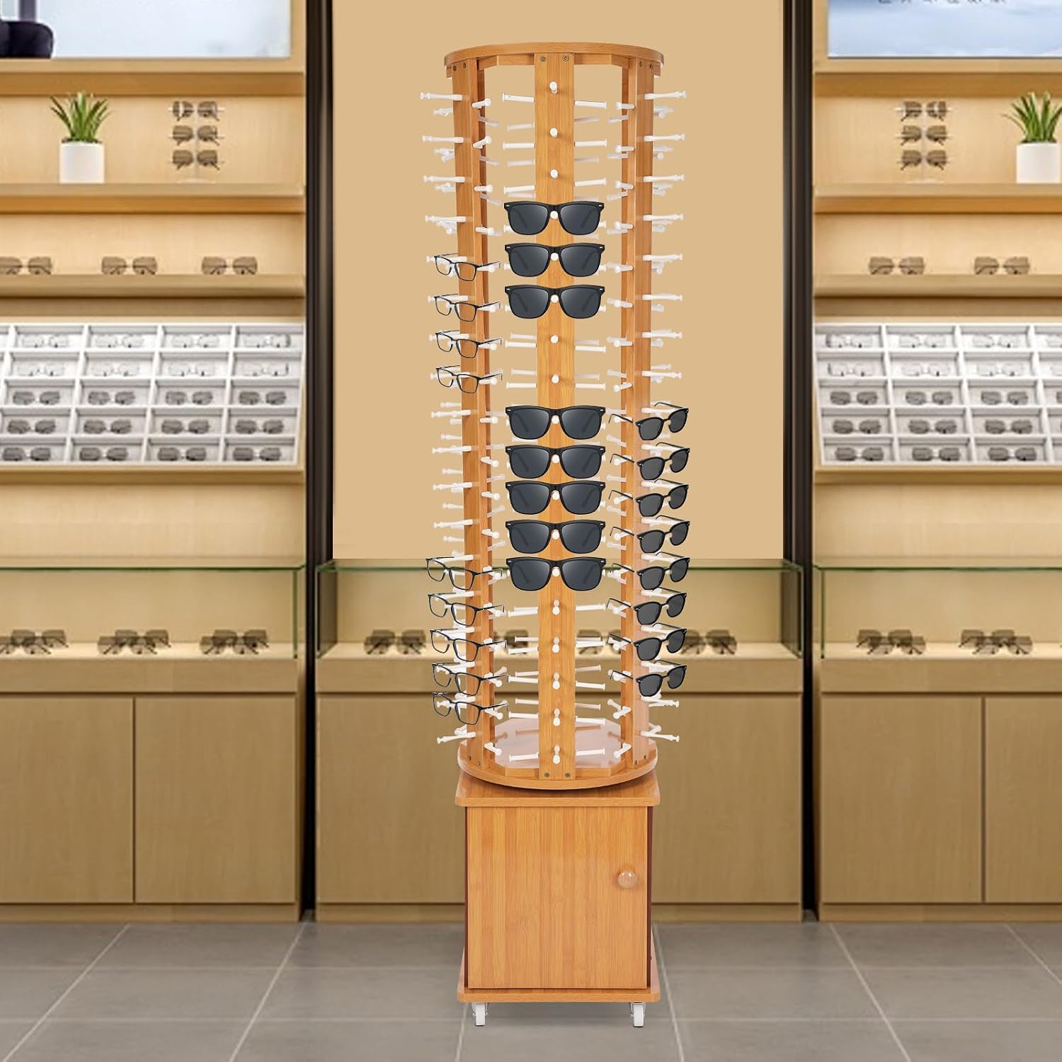 108 Pairs Glasses Sunglasses Display Stand, 360° Rotating Glasses Storage Display Rack with Cabinet, Floor Sunglasses Display Rack with Wheels, 66.14in Height with Wheels (Wood Color)