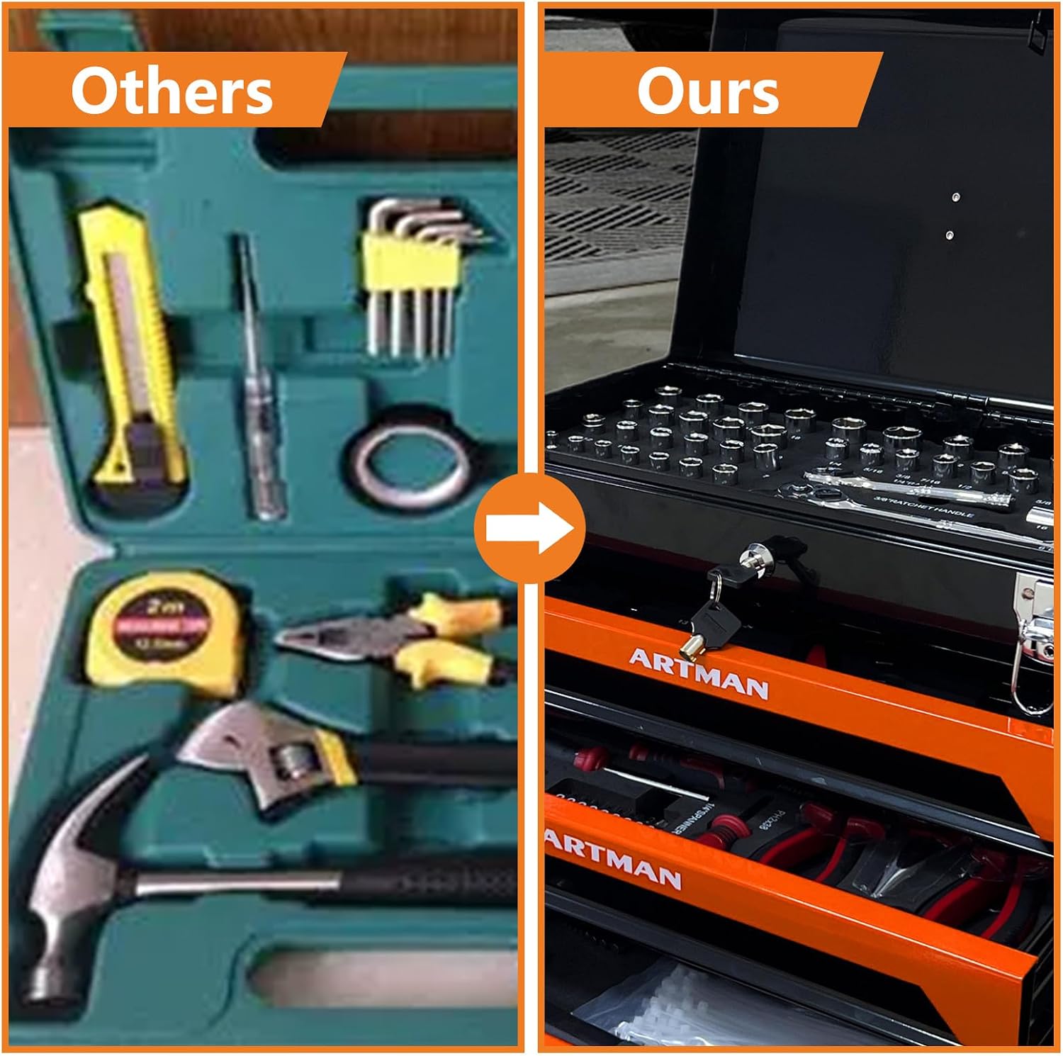 439 Piece Tool Set with Tool Box, 3-Drawer Toolbox Storage Case with Lock Portable Tool Chest with Tool Set General Household Tool Storage Organizer for Garage Workshop, Balck + Orange