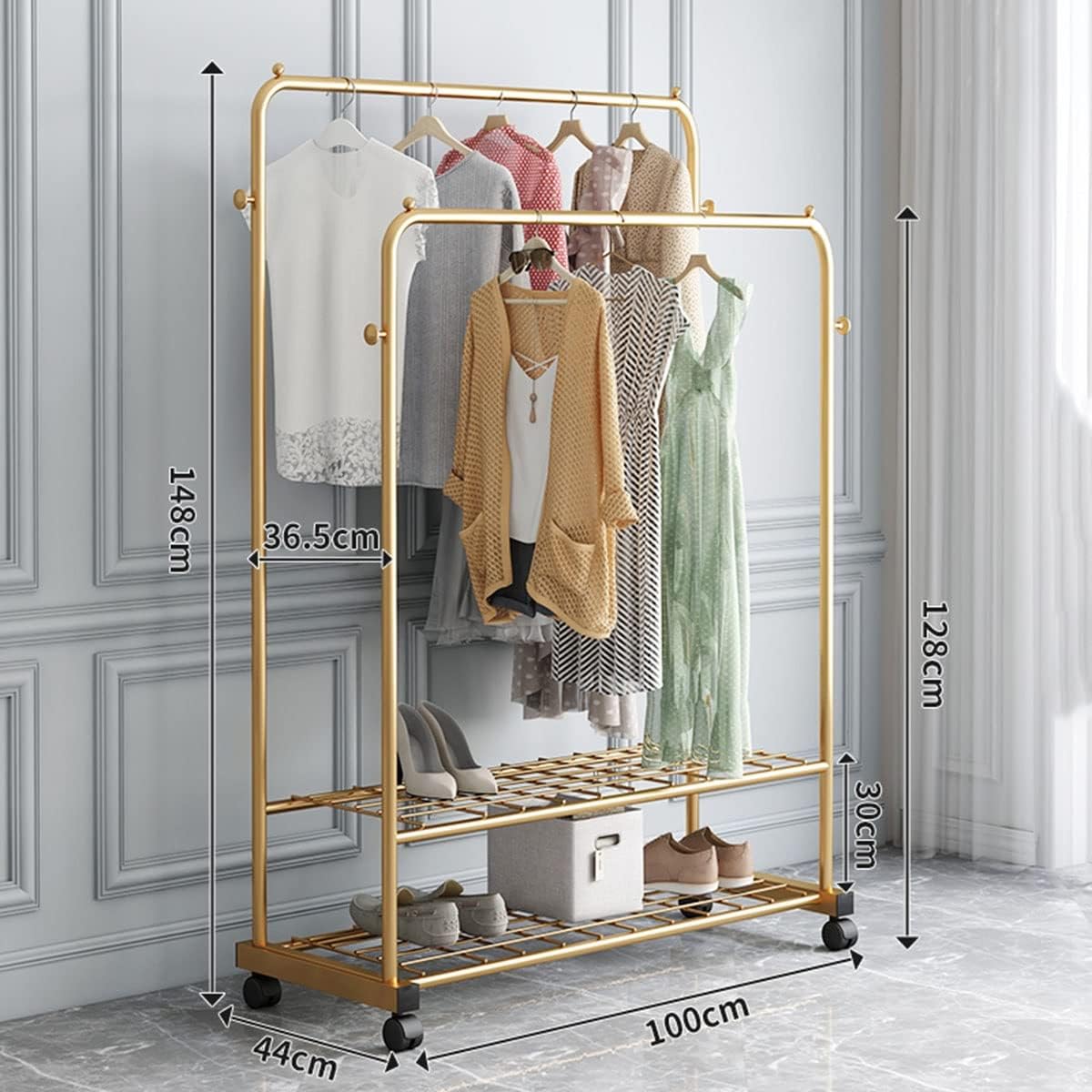 Clothing Rack Rolling Clothes Rack on Wheels Double Rods Garment Rack with 2-Tier Shelves Can Storage Clothes Shoes Baskets Boots and Bags Umbrellas/Gold/120Cm (Gold 100Cm)