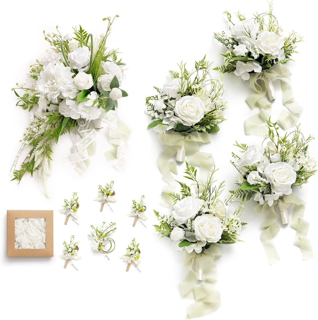 Ling's moment Wedding Artificial Flowers Package, Bridal Bouquet, Bridesmaid Bouquets, Boutonniere for Men, Rose Petals.Lily Valley White