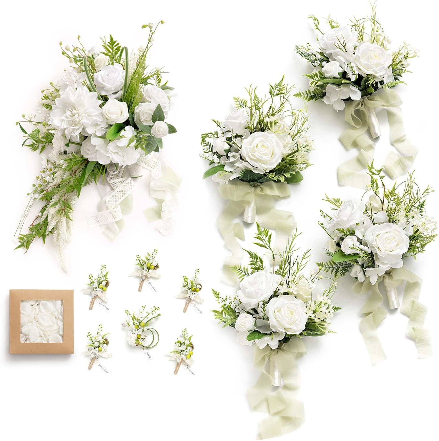 Ling's moment Wedding Artificial Flowers Package, Bridal Bouquet, Bridesmaid Bouquets, Boutonniere for Men, Rose Petals.Lily Valley White