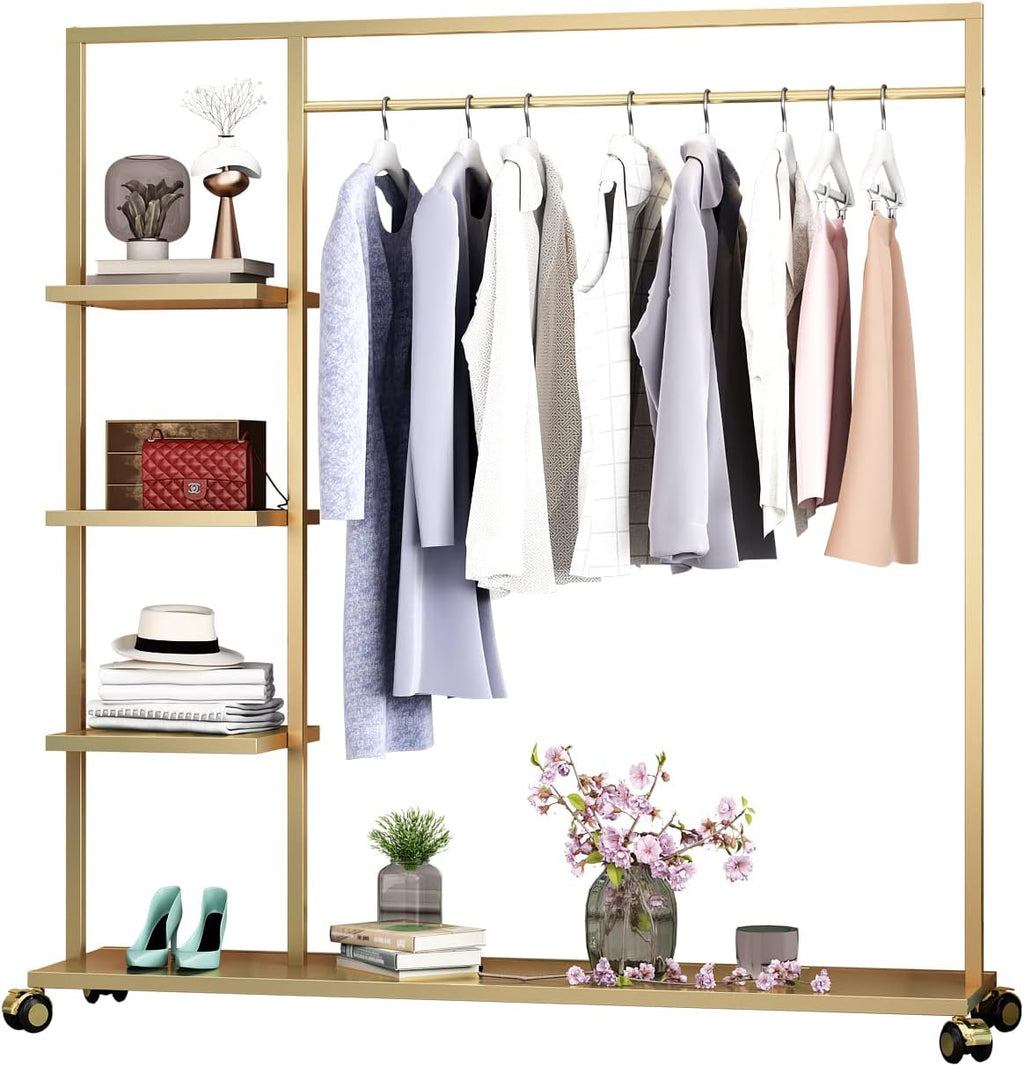Gold Clothing Racks with Shelf, Boutiques Retail Display Gold Clothes Rack, Multiple Uses Heavy Duty Garment Rack for Hanging Rods for Home and Retail