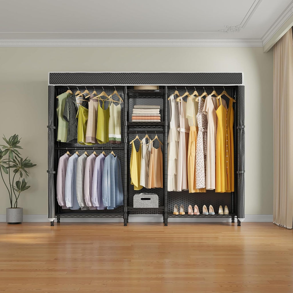 VIPEK Classic V6C Heavy Duty 5 Tiers Wire Garment Rack Large Size Wardrobe Closet Black Metal Clothing With Oxford Fabric Cover, 70.1' L x 17.3' W x 76.4' H, Max Load 870 LBS