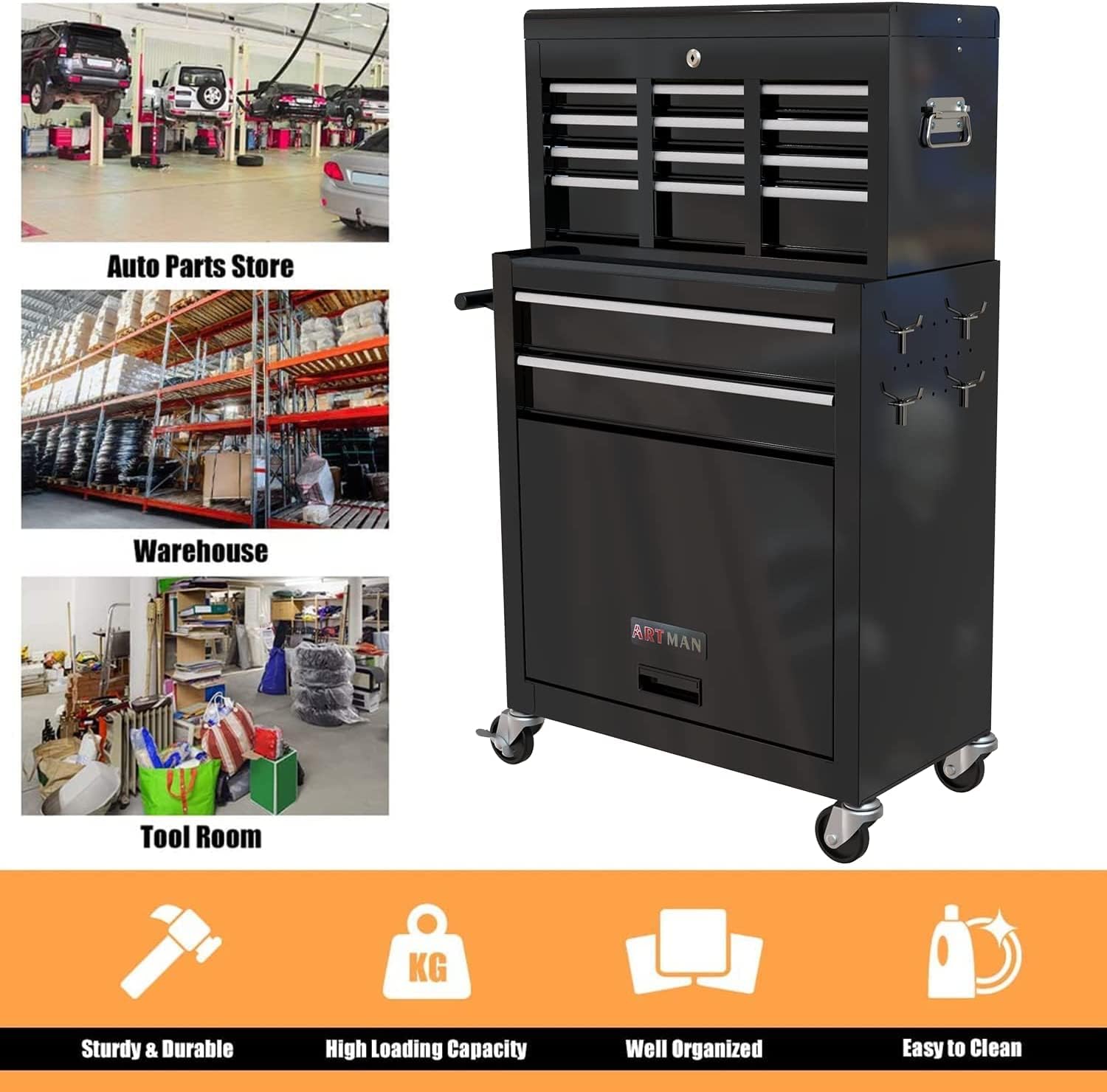Campfun Rolling Tool Chest with Wheels, 8-Drawer Tool Box Organizer Tool Cabinet, Detachable Large Tool Cabinet with Lock, Mechanic Tool Cart High Capacity Tool Storage Cabinet, Black