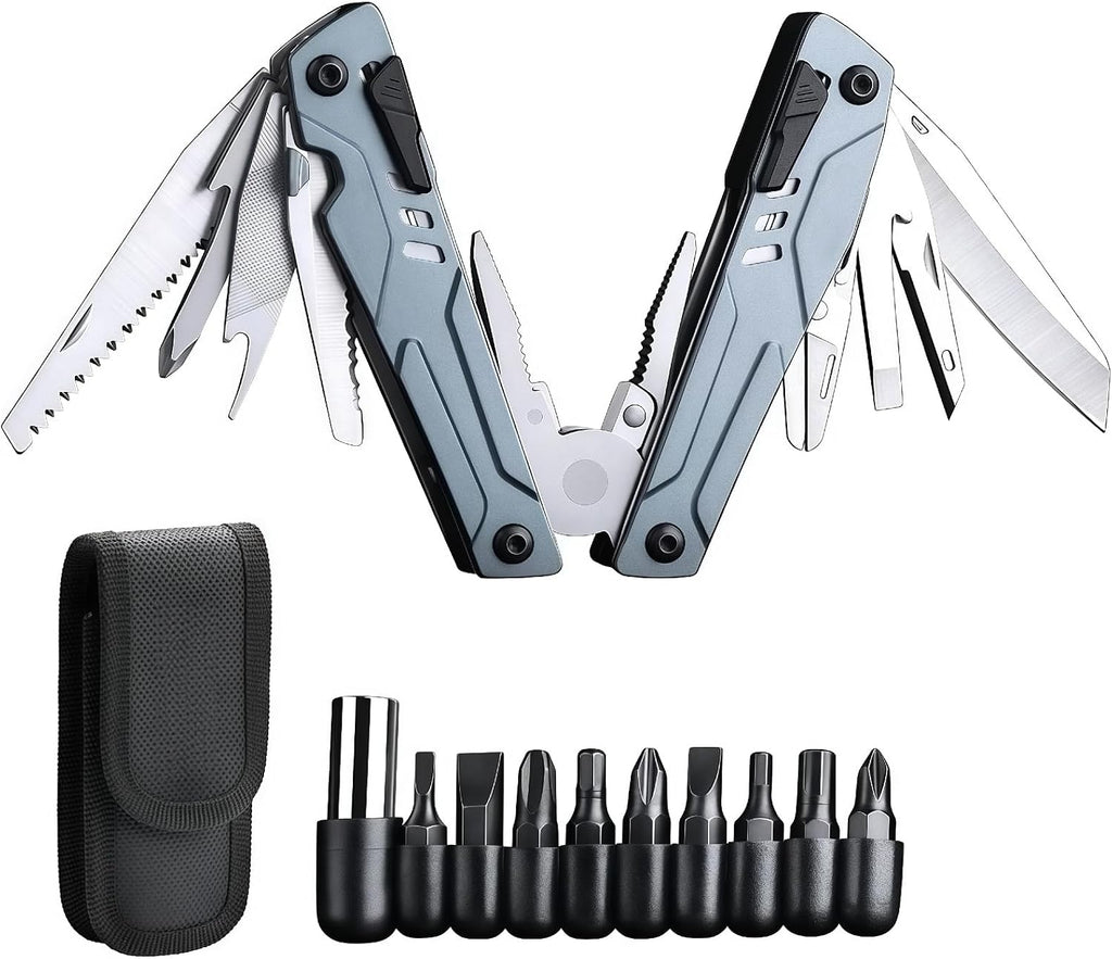 Multitools, 20-in-1 Full-Size, Lightweight EDC, Multi-Purpose Pliers, Folding Knife Nylon Bag, Portable Tools, Men Gift Ideas, Equipment for Emergencies, Hiking, and Outdoor Camping (Blue)