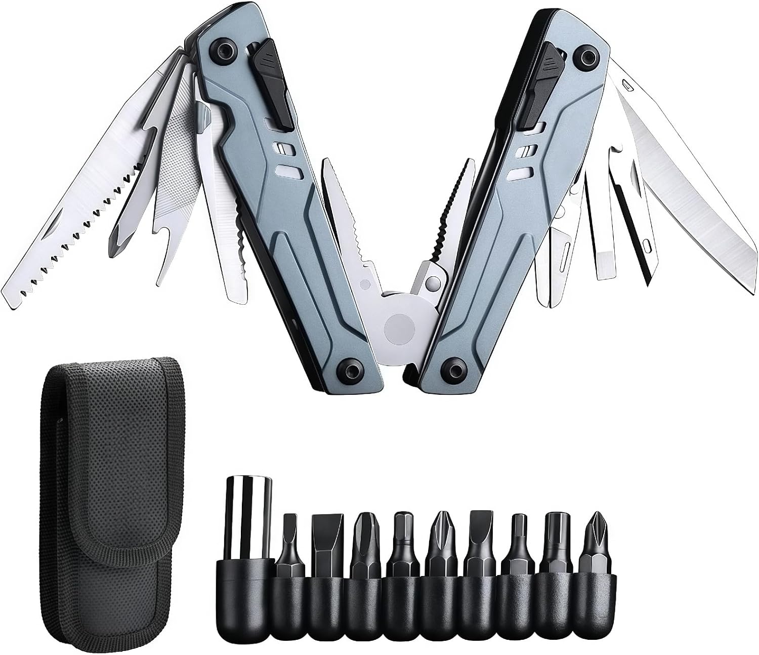 Multitools, 20-in-1 Full-Size, Lightweight EDC, Multi-Purpose Pliers, Folding Knife Nylon Bag, Portable Tools, Men Gift Ideas, Equipment for Emergencies, Hiking, and Outdoor Camping (Blue)