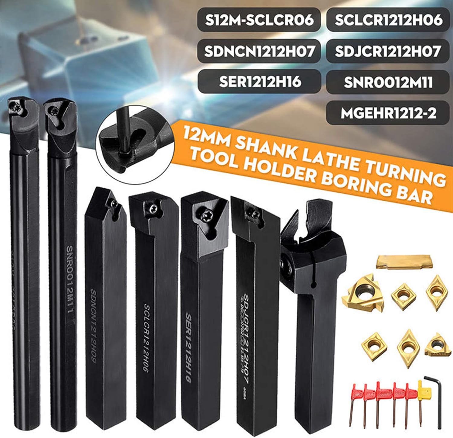 Chisels, 7Pcs 12mm Shank Lathe Boring Bar Turning Tool Holder Set with Carbide Inserts for Semi-Finishing and Finishing