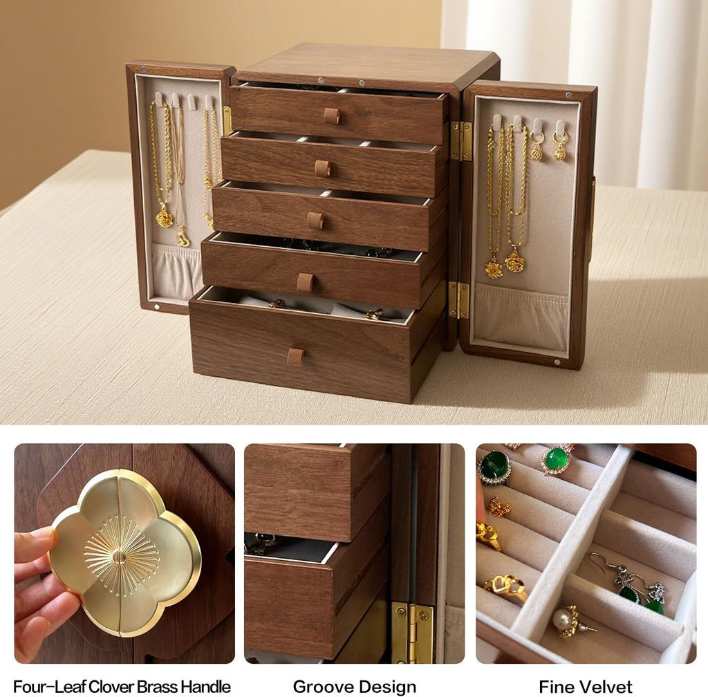 Luxury Black Walnut Jewelry Box for Women, 5-Layer Wooden Organizer , Dustproof Velvet Lined Storage for Watches, Necklaces, Rings, Earrings - Gift for Wife, Mom, Bride, Valentine's Day, Anniversary