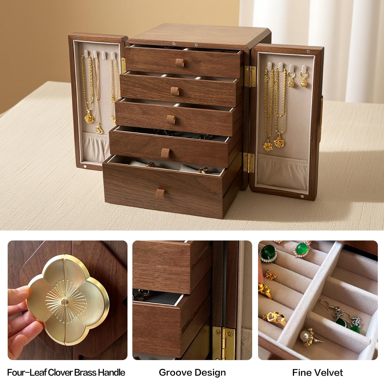 Luxury Black Walnut Jewelry Box for Women, 5-Layer Wooden Organizer , Dustproof Velvet Lined Storage for Watches, Necklaces, Rings, Earrings - Gift for Wife, Mom, Bride, Valentine's Day, Anniversary