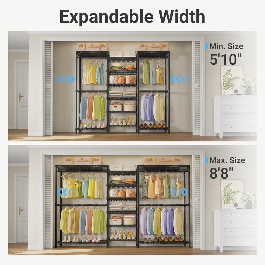 VIPEK X3 Plus Large Expandable Closet Rack Adjustable from 5'10' to 8'8' with Extendable Shelves and Hanger Rods, Freestanding Clothing Racks Modular Closet Systems Wardrobe, Max Load 1360LBS, Black