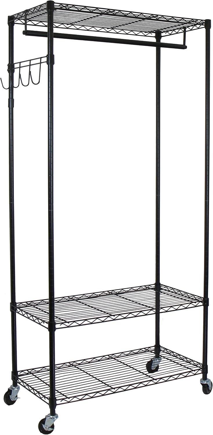 Oceanstar Heavy Duty Rolling Storage Garment Rack with Adjustable Shelves and Hook,Black