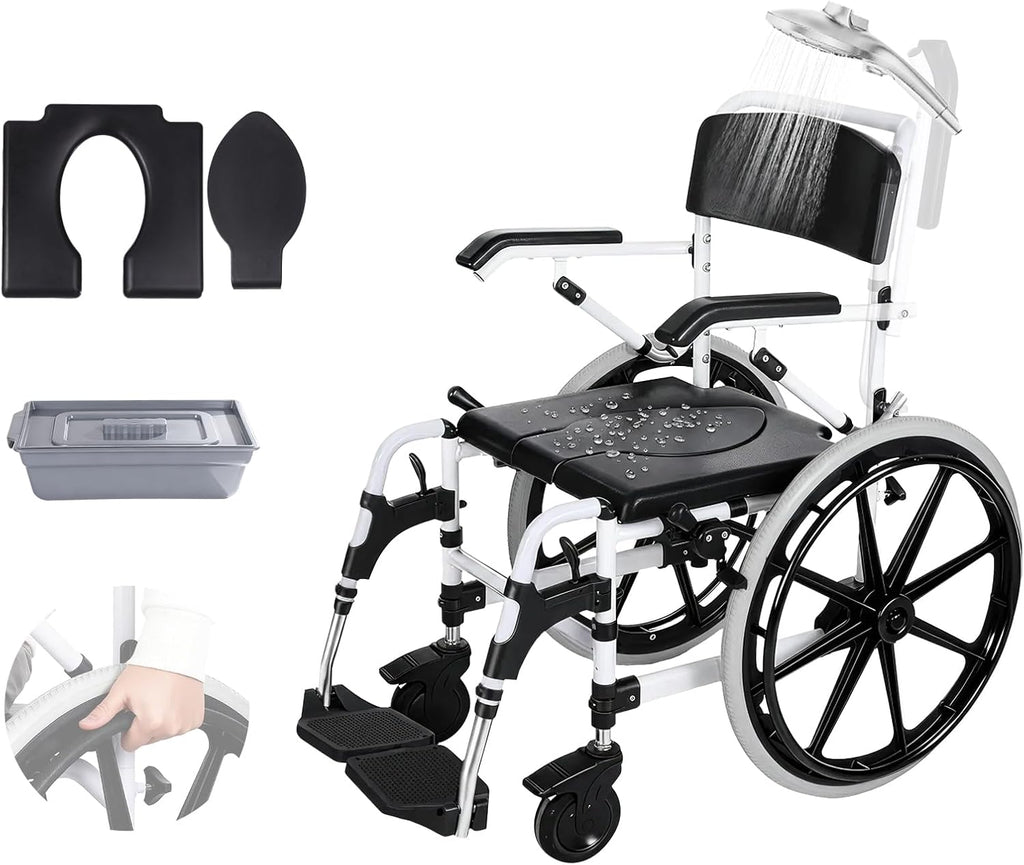 Self-Propelled Shower Wheelchair, Bedside Commode Chair with 22' Wheels, Bathroom Wheelchair for Inside Shower, Swivel Armrests, Waterproof Transport Wheelchair for Disabled&Elderly, 300LBS