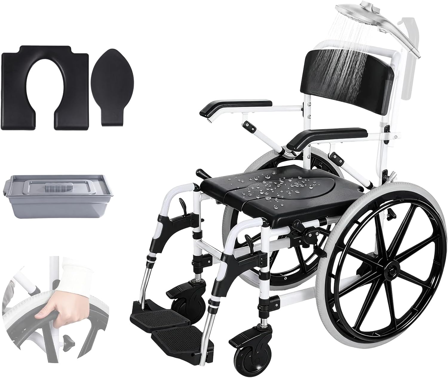 Self-Propelled Shower Wheelchair, Bedside Commode Chair with 22' Wheels, Bathroom Wheelchair for Inside Shower, Swivel Armrests, Waterproof Transport Wheelchair for Disabled&Elderly, 300LBS