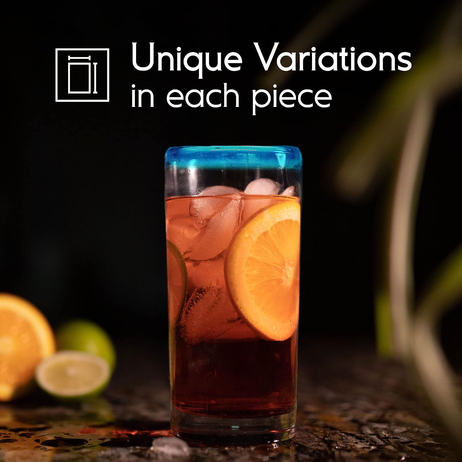 Aqua Blue Rim 20 oz Tall Iced Tea Glasses (set of 6) Mexican Handmade Glassware, Recycled Glass, Lead-free, Toxin-Free (Tall Iced Tea)
