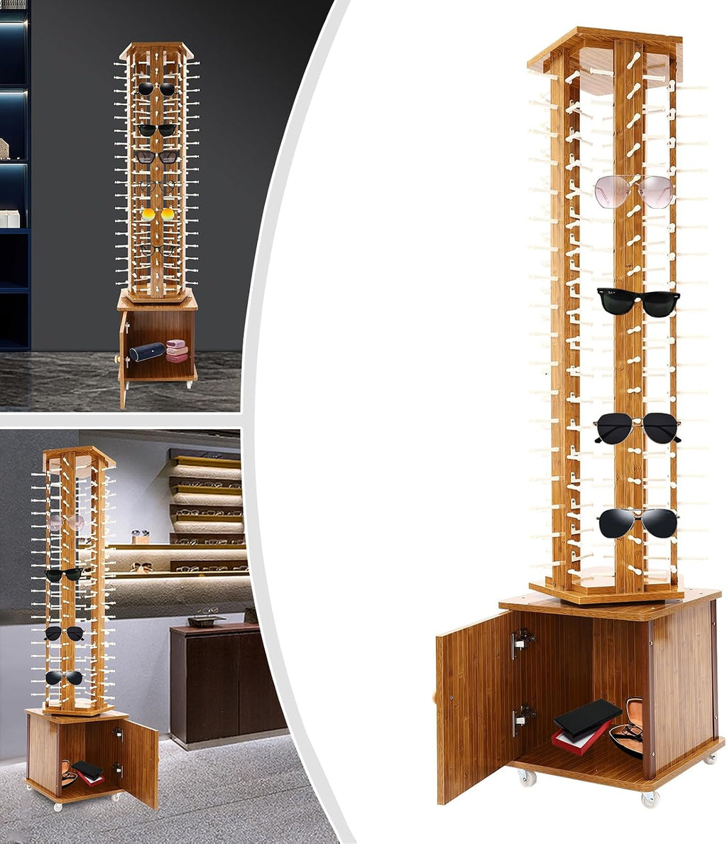 Rotating Sunglasses Organizer 5-Sided Eyeglass Display Stand With Wheels 90 Pairs Capacity 360° Rotating Sunglasses Rack Eyewear Organizer for Retail Shop (Dark Brown)