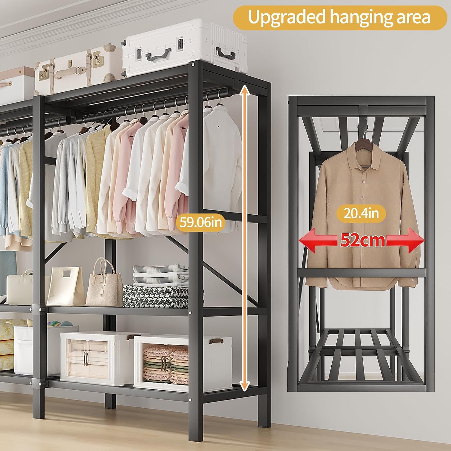 71in Heavy Duty Portable Closet with Cover, 1500lbs Foldable Covered Metal Clothing Wardrobe Closet System, Heavy Duty Garment Rack for Hanging Clothes, for Bedroom,Apartment,Rental Property, Brown
