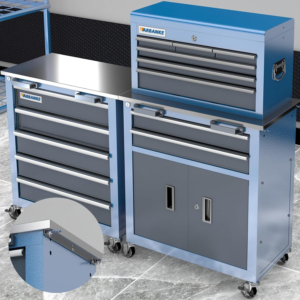 LARBANKE Rolling Tool Chest with Stainless Steel Tabletop,5-Drawer Tool Chest&8-Drawer Tool Box with Connection Buckle,Locking System Storage Cabinet with 360° Brake Swivel Wheels and Foot Pad