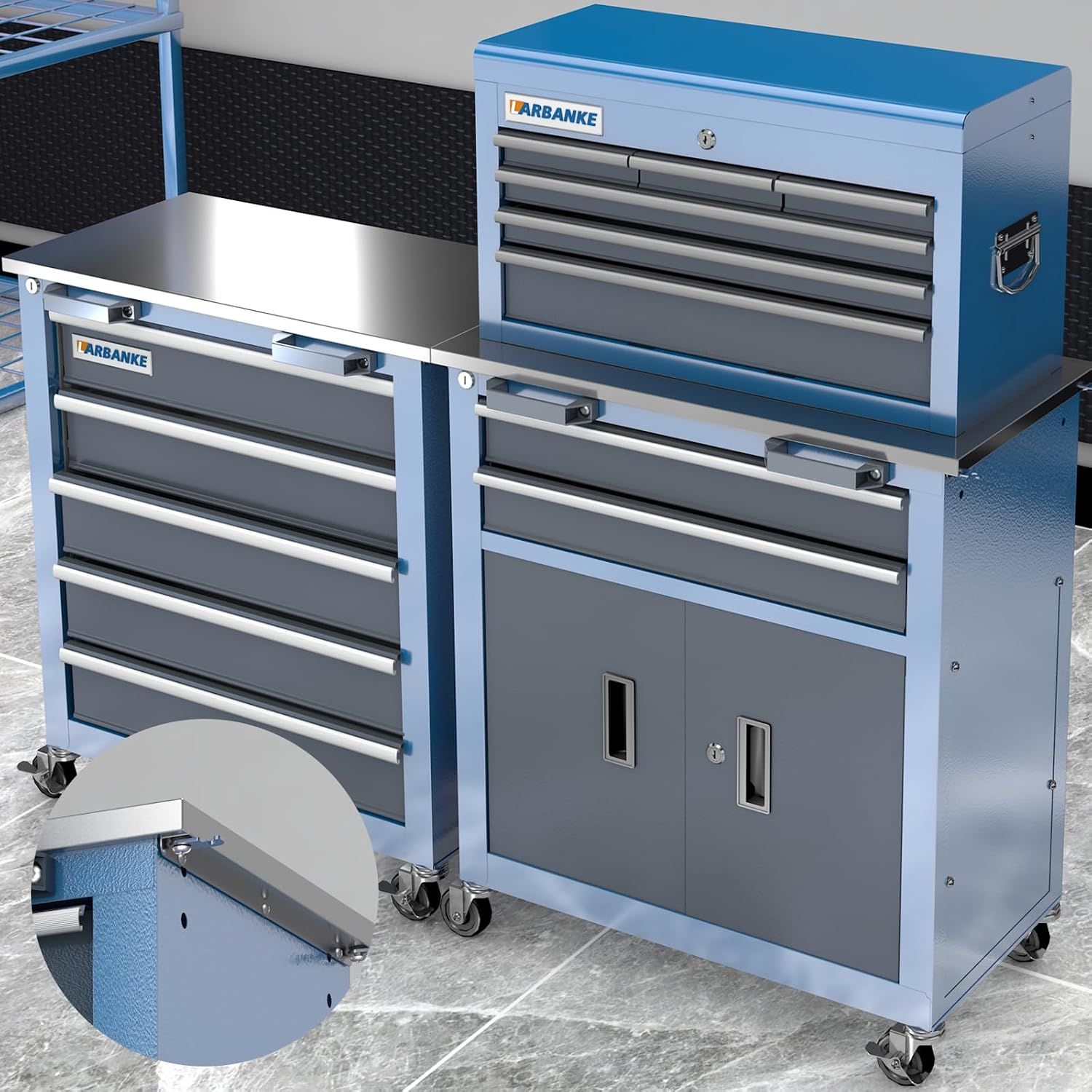 LARBANKE Rolling Tool Chest with Stainless Steel Tabletop,5-Drawer Tool Chest&8-Drawer Tool Box with Connection Buckle,Locking System Storage Cabinet with 360° Brake Swivel Wheels and Foot Pad