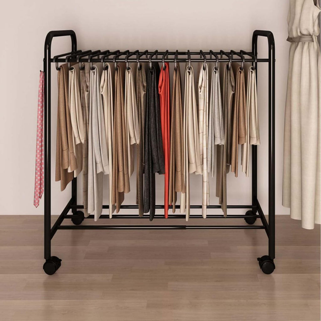 Expandable Floor Standing Pants Hanger Trolley - Versatile Metal Garment Rack for Jeans, Skirts & Trousers with Pull-Out Shelf & Rolling Design for Easy Closet Organization