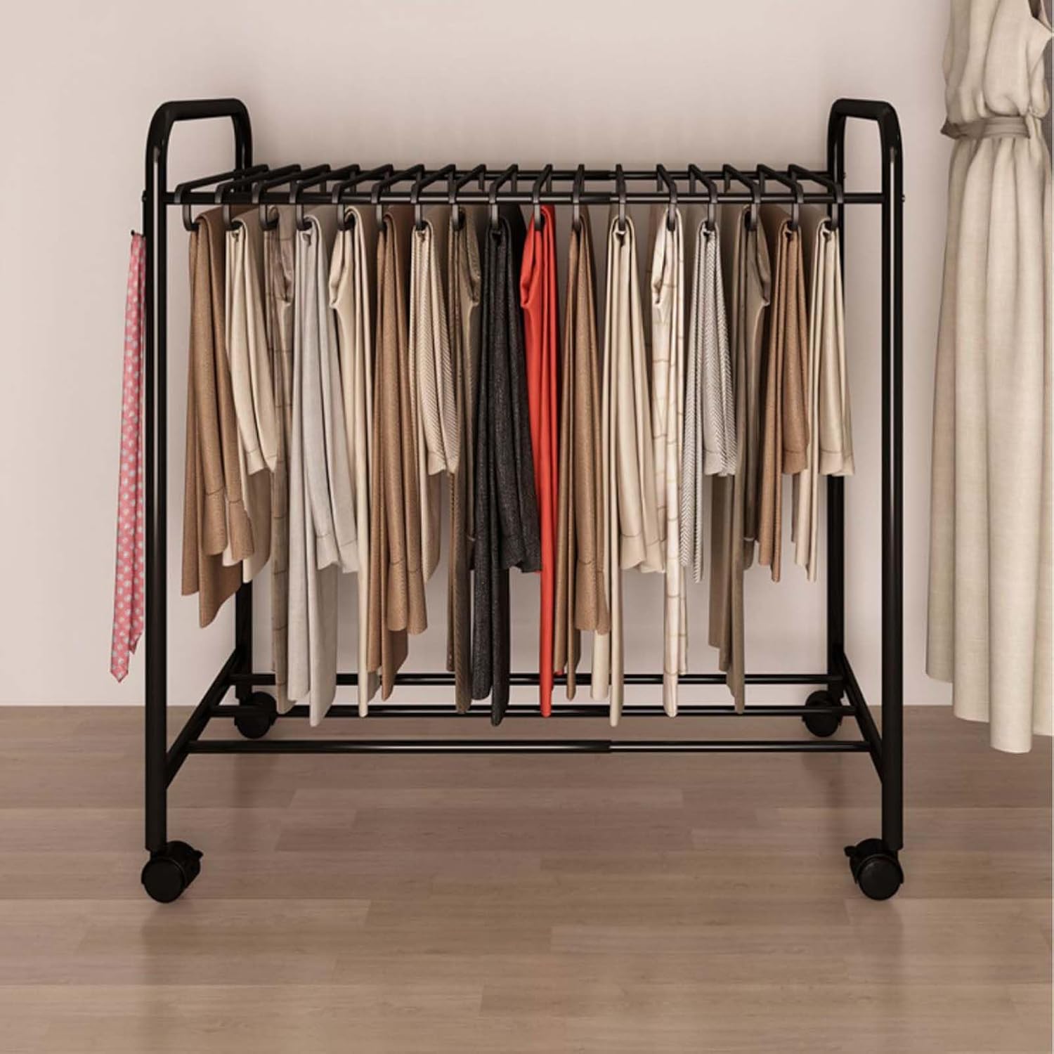 Expandable Floor Standing Pants Hanger Trolley - Versatile Metal Garment Rack for Jeans, Skirts & Trousers with Pull-Out Shelf & Rolling Design for Easy Closet Organization