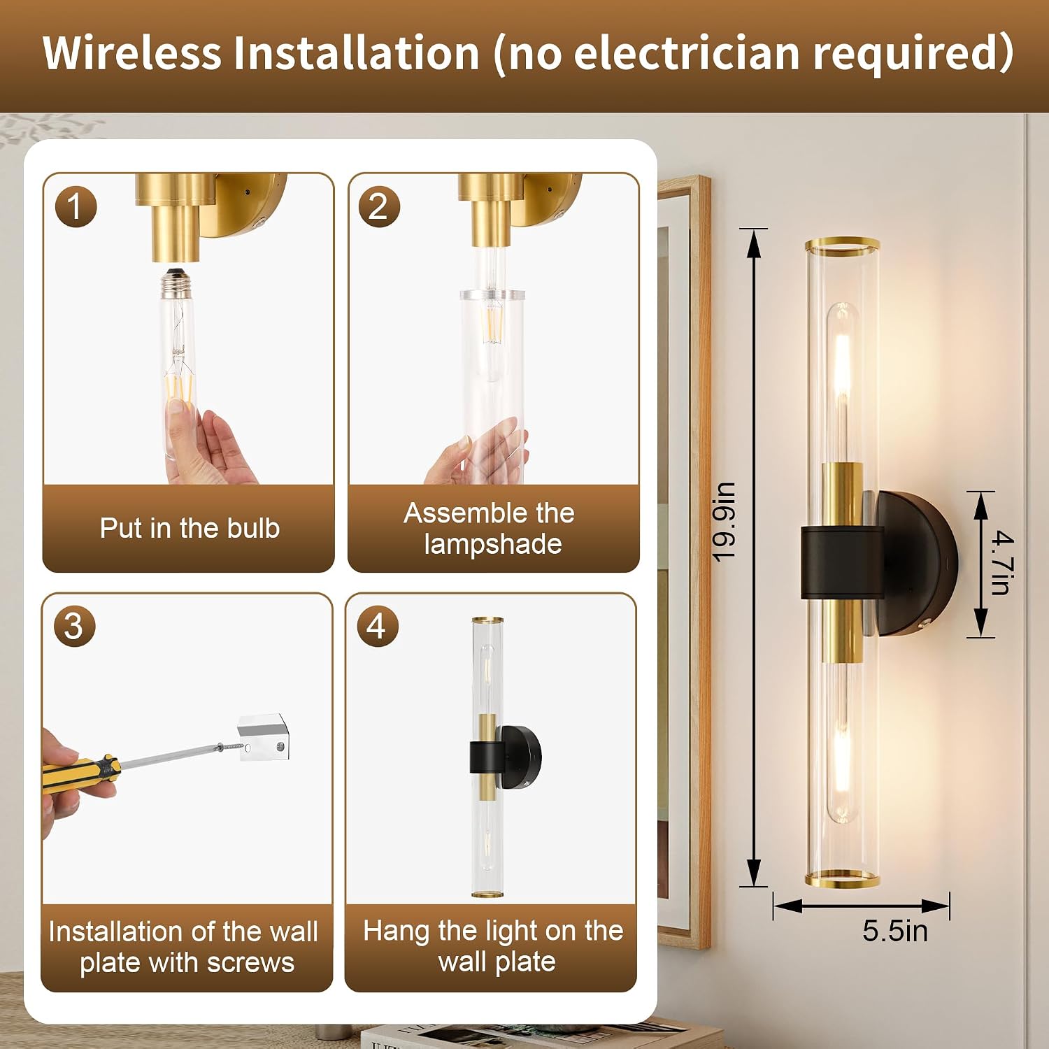 10000mAh Battery Operated Wall Sconces Set of 2, Black Gold Dimmable Rechargeable Wall Sconce with Remote, 20 Inch Wireless Warm Glass Wall Light for Bedroom Living Room Entryway (Bulbs Included)