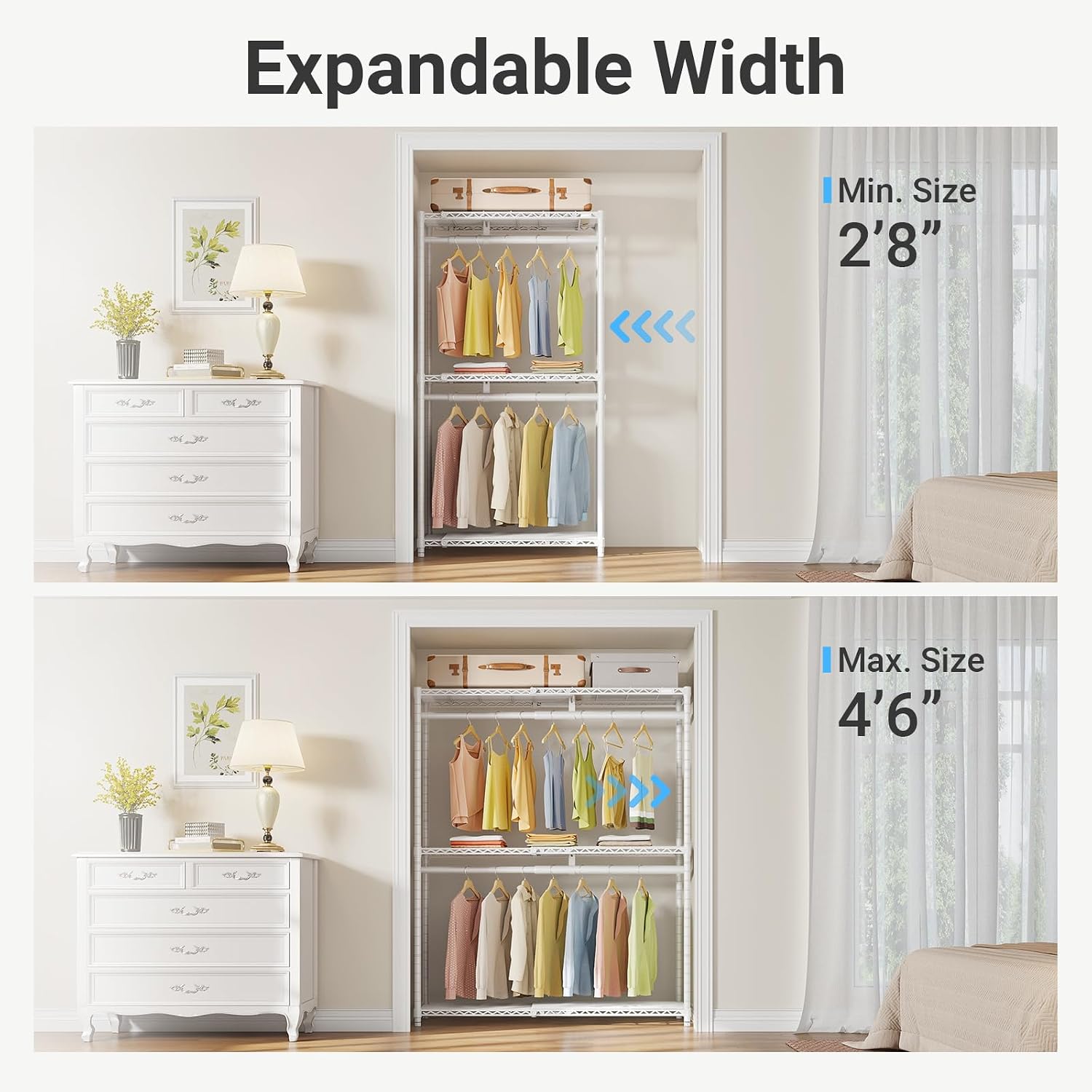VIPEK X1 Plus Expandable Reach-in Closet Adjustable from 2'8' to 4'6' with Adjustable Shelves and Hanger Rods Clothes Rack Heavy Duty, Metal Clothing Racks Portable Walk-in Closet, White