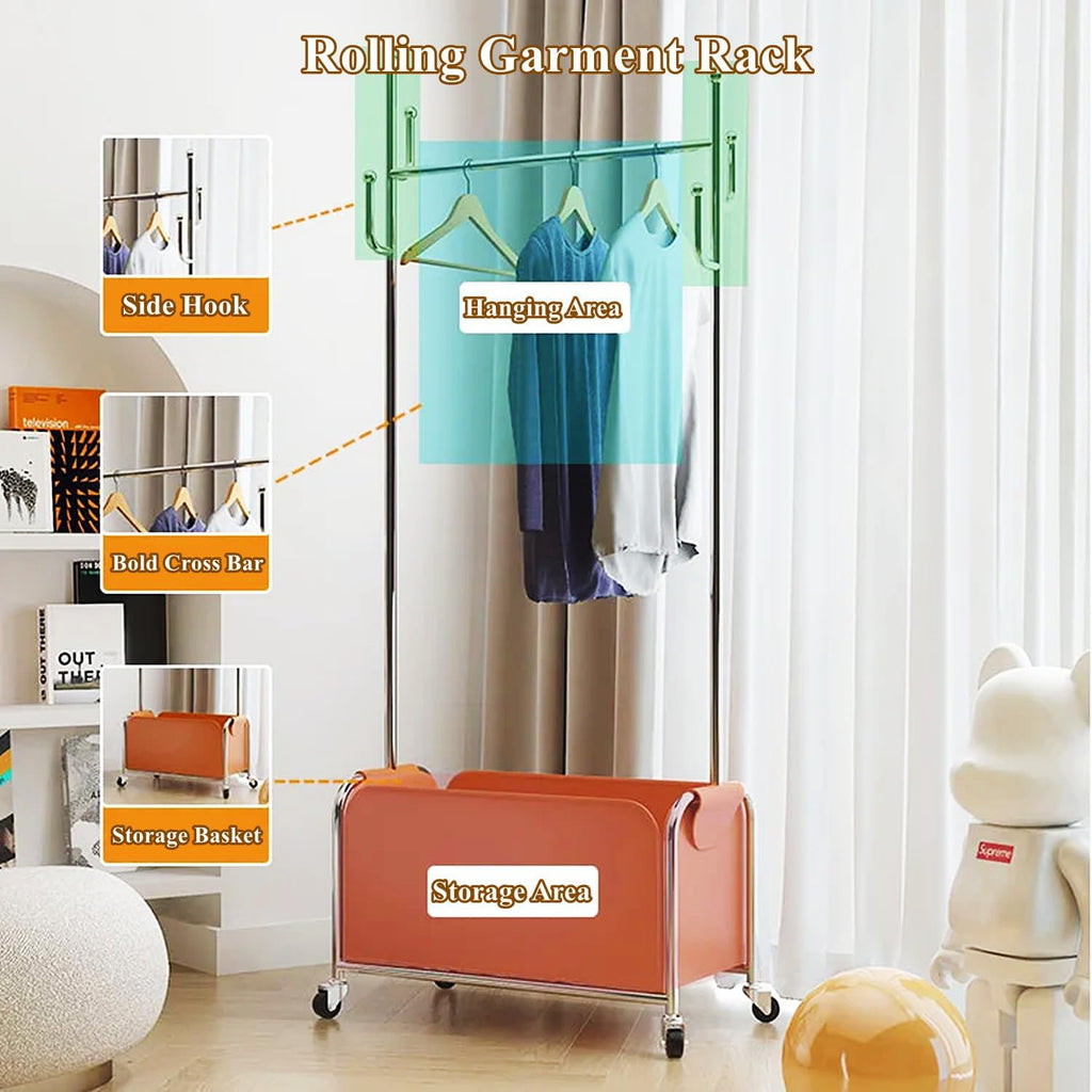 Heavy Duty Rolling Garment Rack with Wheels, Clothes Rack with Leather Storage Bag and Side Hooks, Freestanding Wardrobe Storage Rack Metal Clothing Rack, Brown