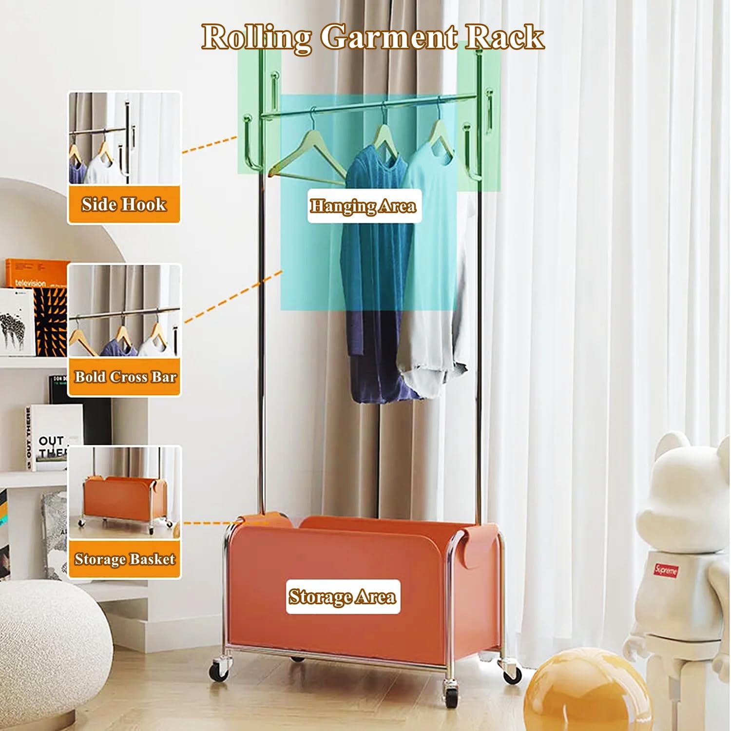 Heavy Duty Rolling Garment Rack with Wheels, Clothes Rack with Leather Storage Bag and Side Hooks, Freestanding Wardrobe Storage Rack Metal Clothing Rack, Brown
